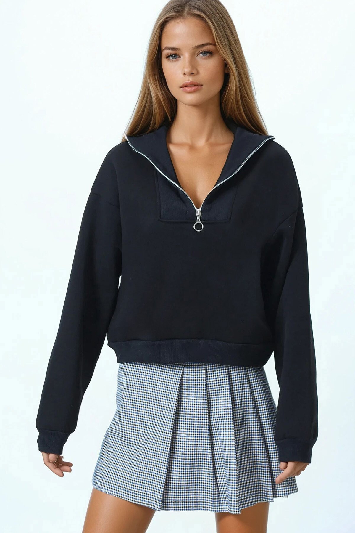 Polo Yaka Yarım Fermuarlı Sweatshirt