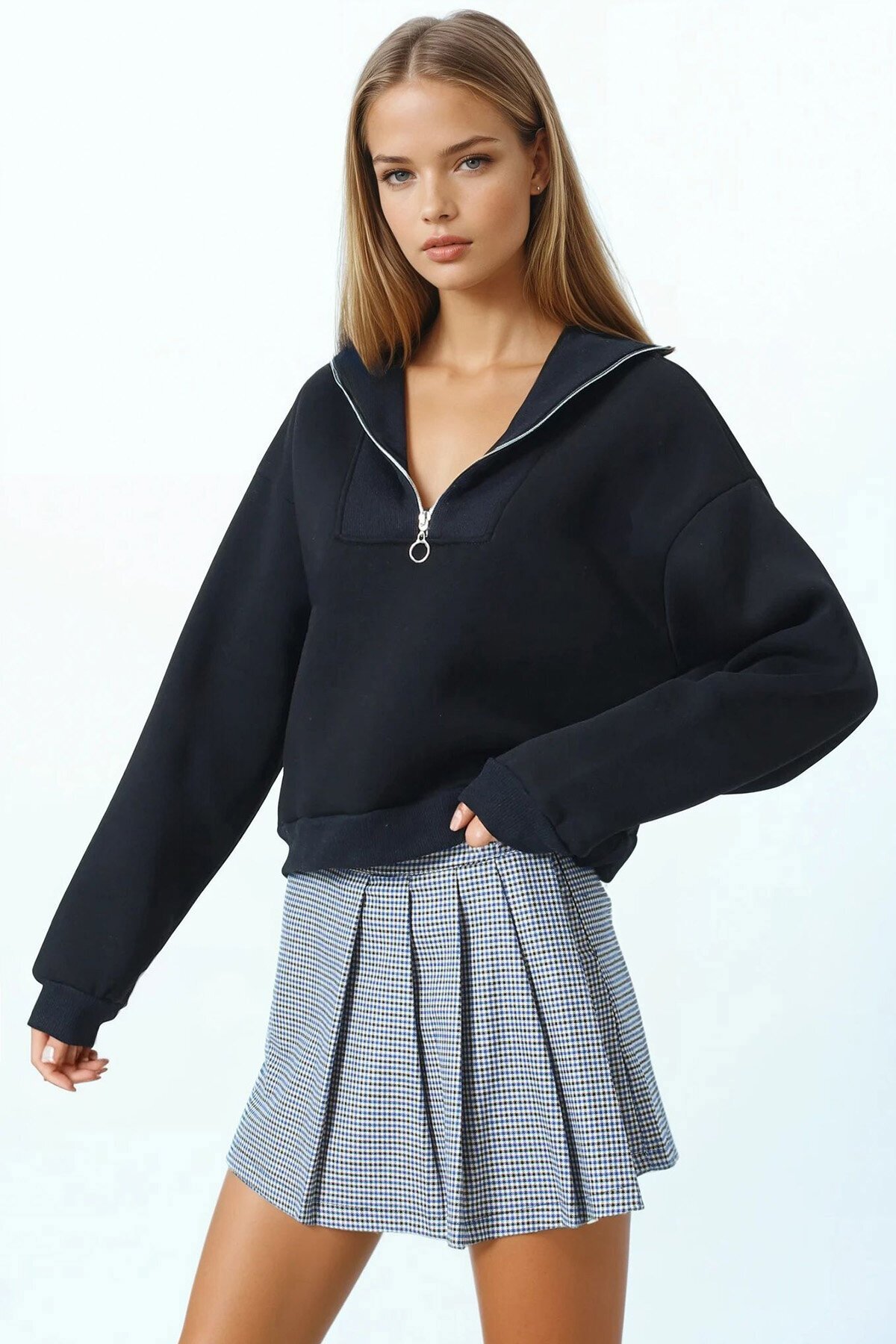 Polo Yaka Yarım Fermuarlı Sweatshirt