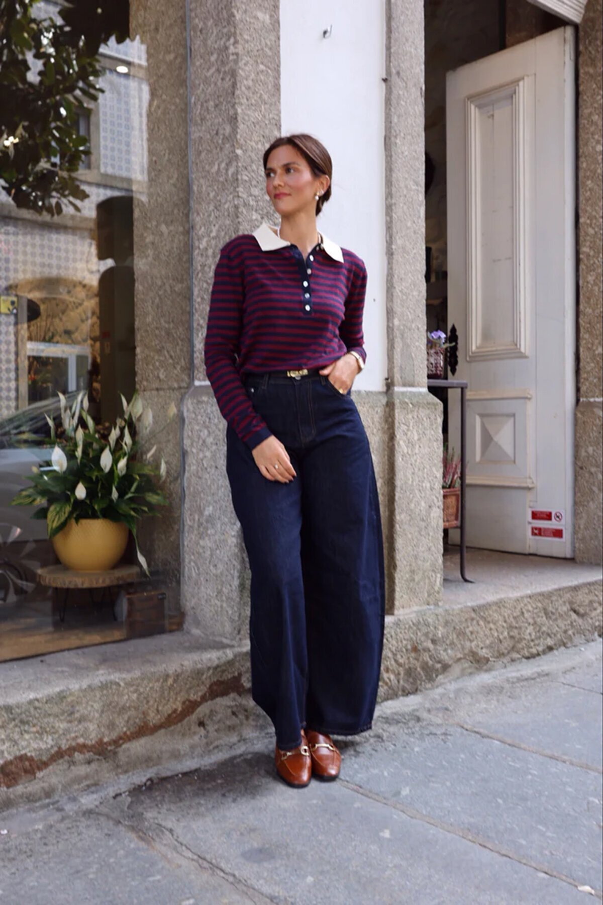 Polo Yaka Yarım Pat Düğme Kapamalı Çizgili Triko Kazak