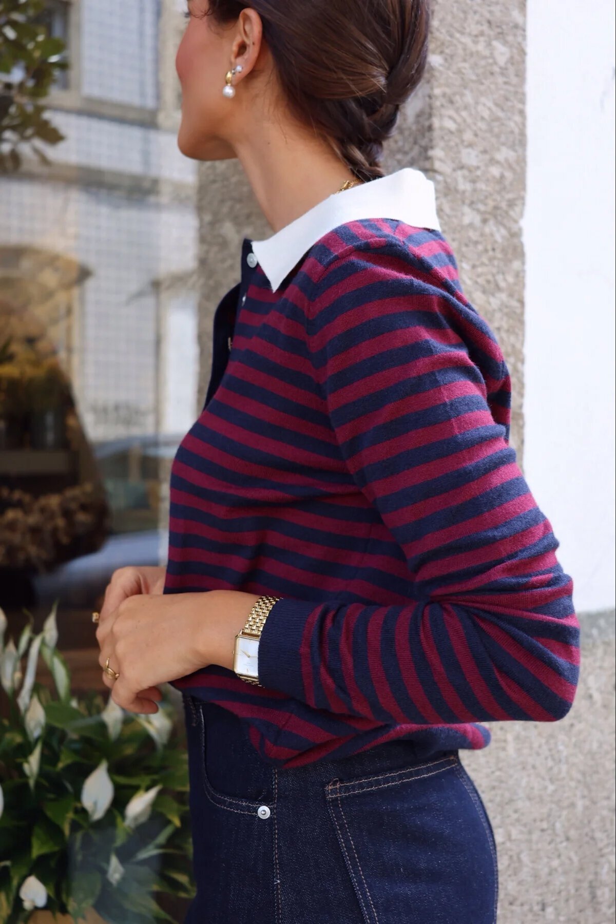 Polo Yaka Yarım Pat Düğme Kapamalı Çizgili Triko Kazak