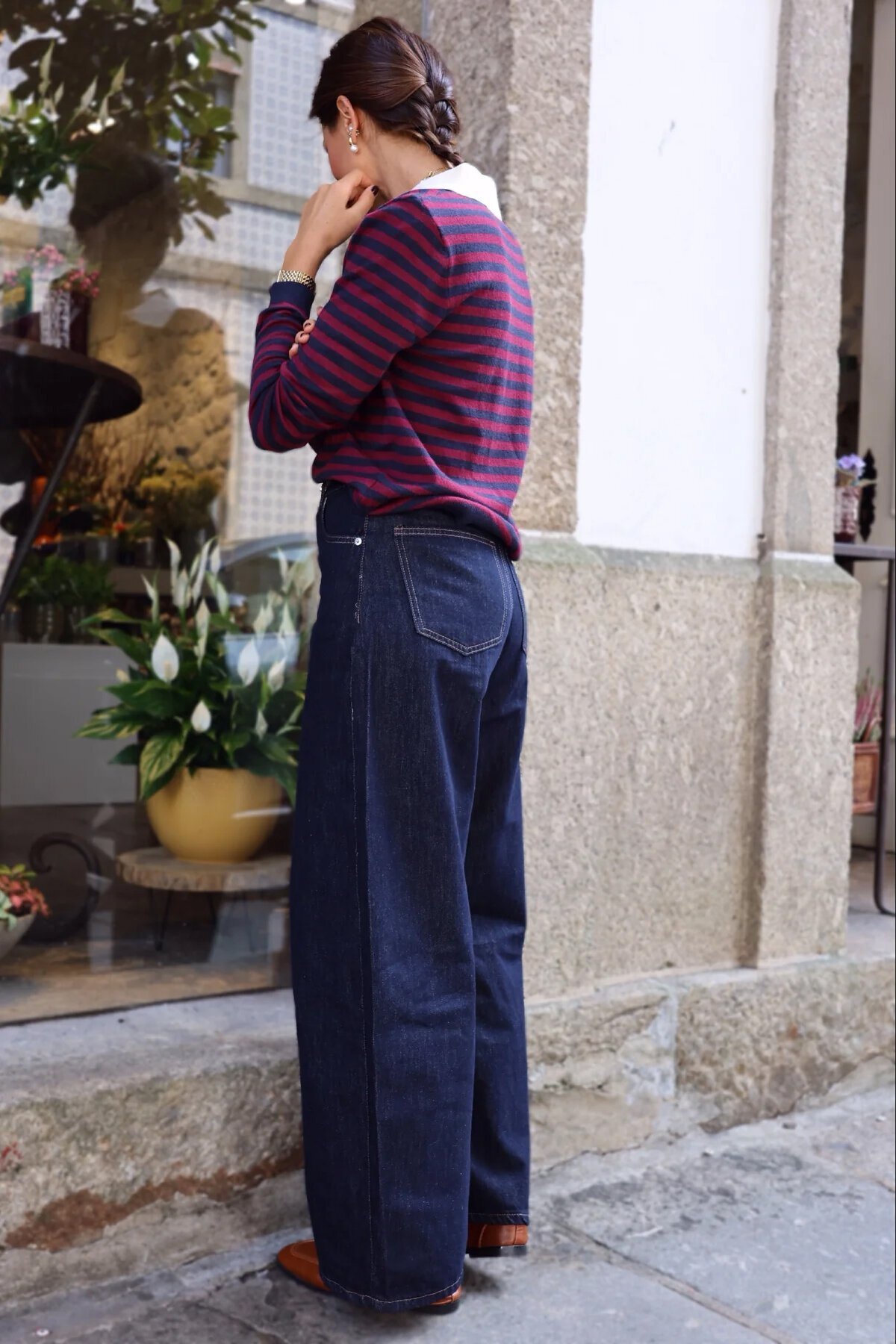 Polo Yaka Yarım Pat Düğme Kapamalı Çizgili Triko Kazak