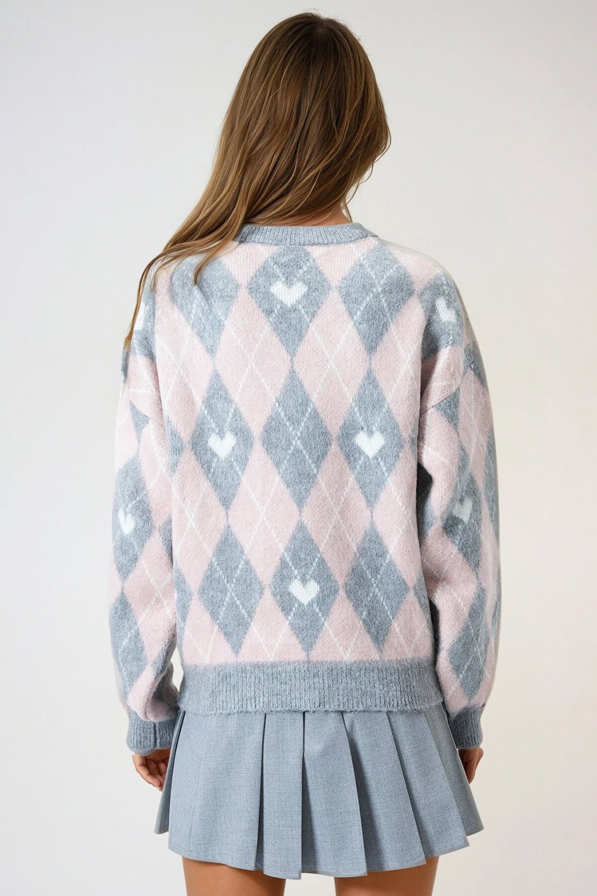 Bisiklet Yaka Kalp ve Baklava Desenli Yumoş Kazak