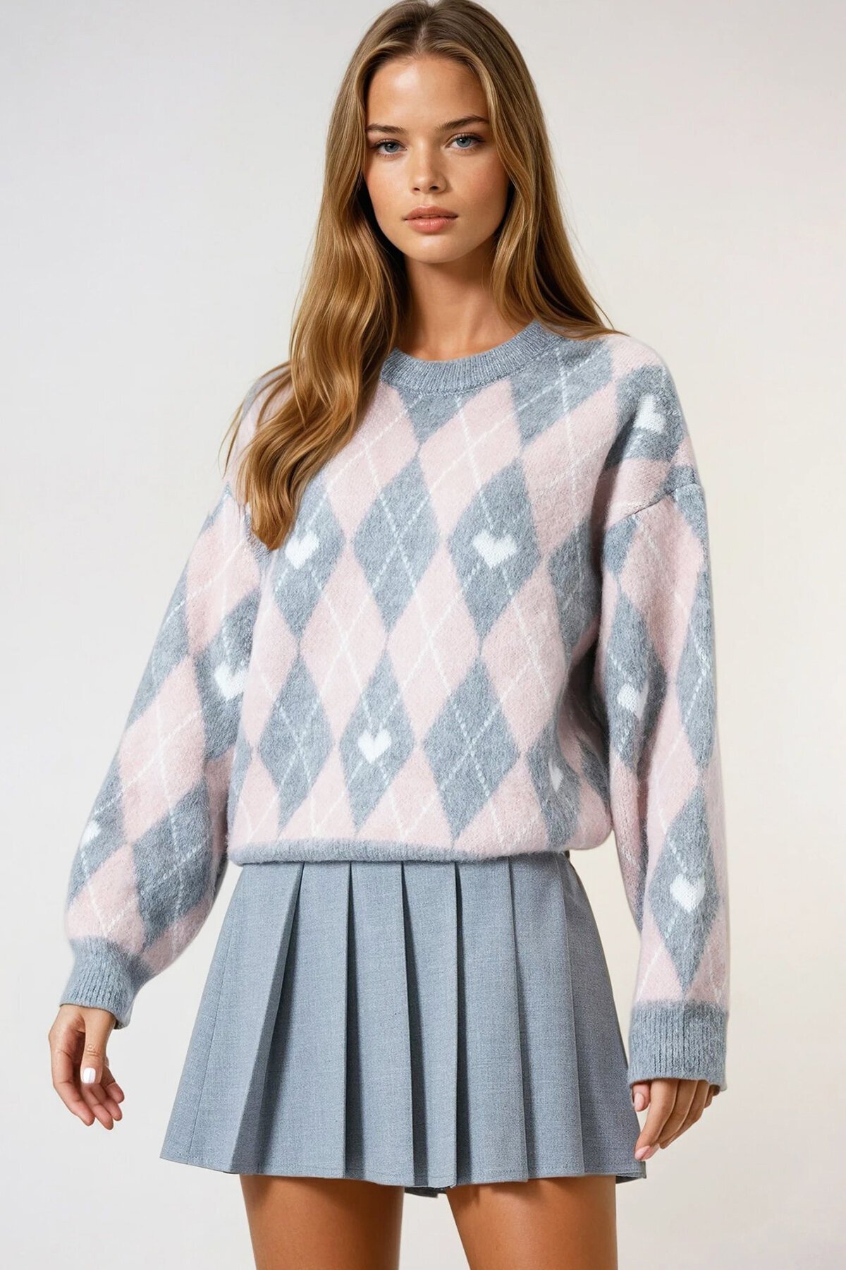 Bisiklet Yaka Kalp ve Baklava Desenli Yumoş Kazak