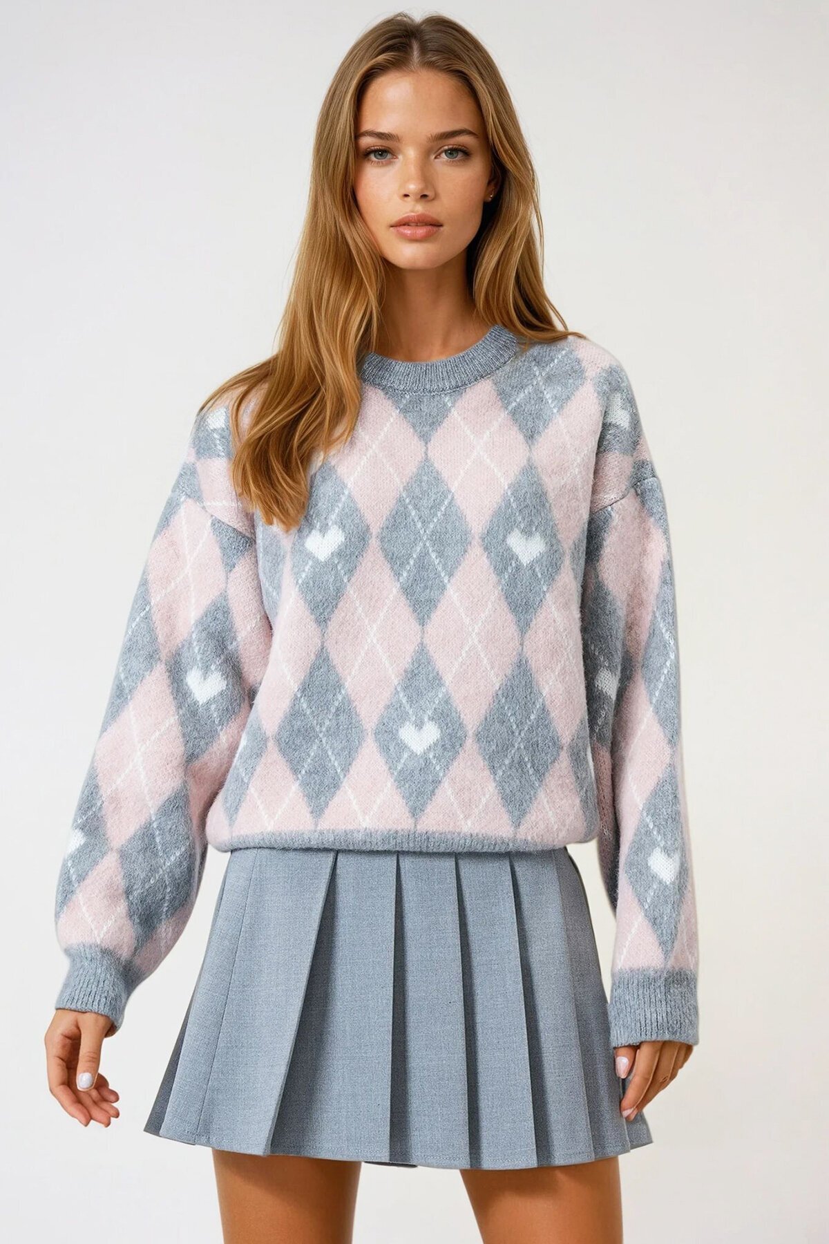 Bisiklet Yaka Kalp ve Baklava Desenli Yumoş Kazak