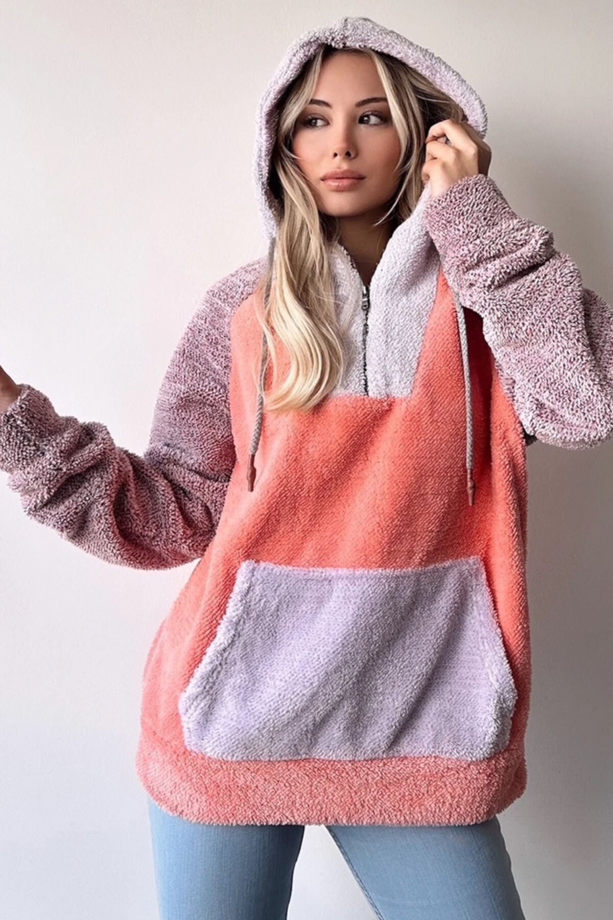 Turuncu Renk Bloklu Kapüşonlu Yarım Fermuarlı Kanguru Cepli Oversize Sweatshirt