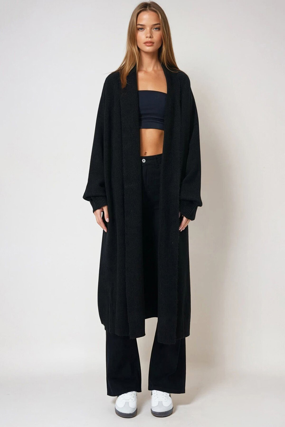 Siyah Çift Yaka Uzun Triko Hırka