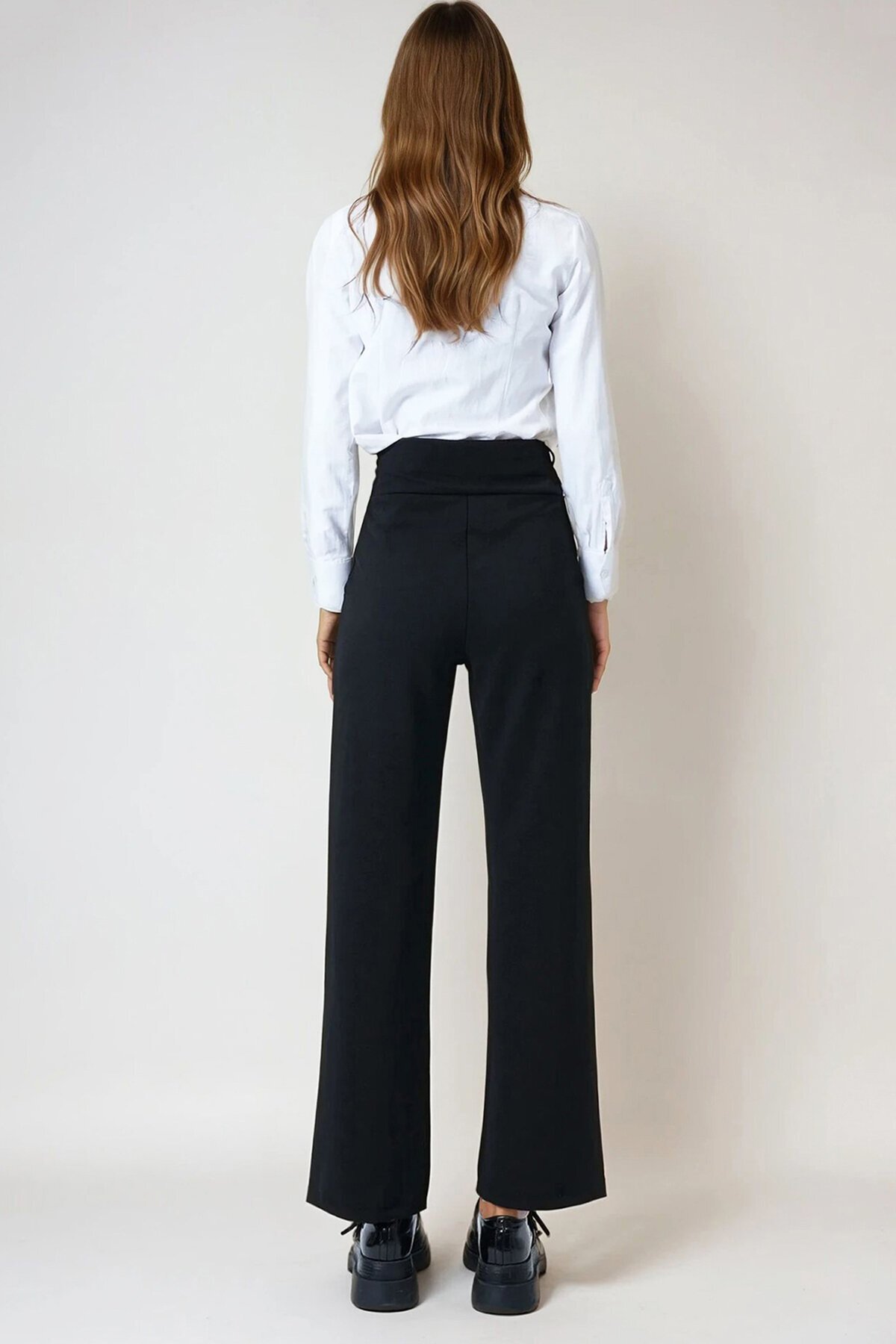 Siyah Geniş Kemerli Çift Cepli Palazzo Pantolon