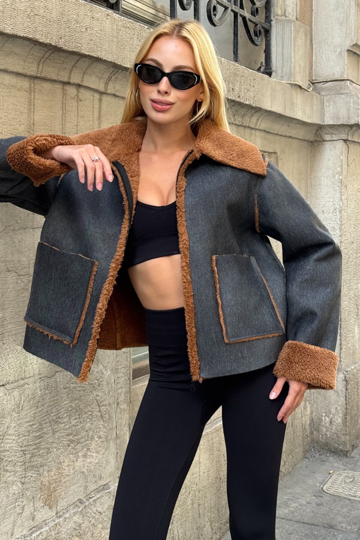 Siyah Kahve Çift Cepli İçi Suni Kürklü Suni Deri Biker Ceket
