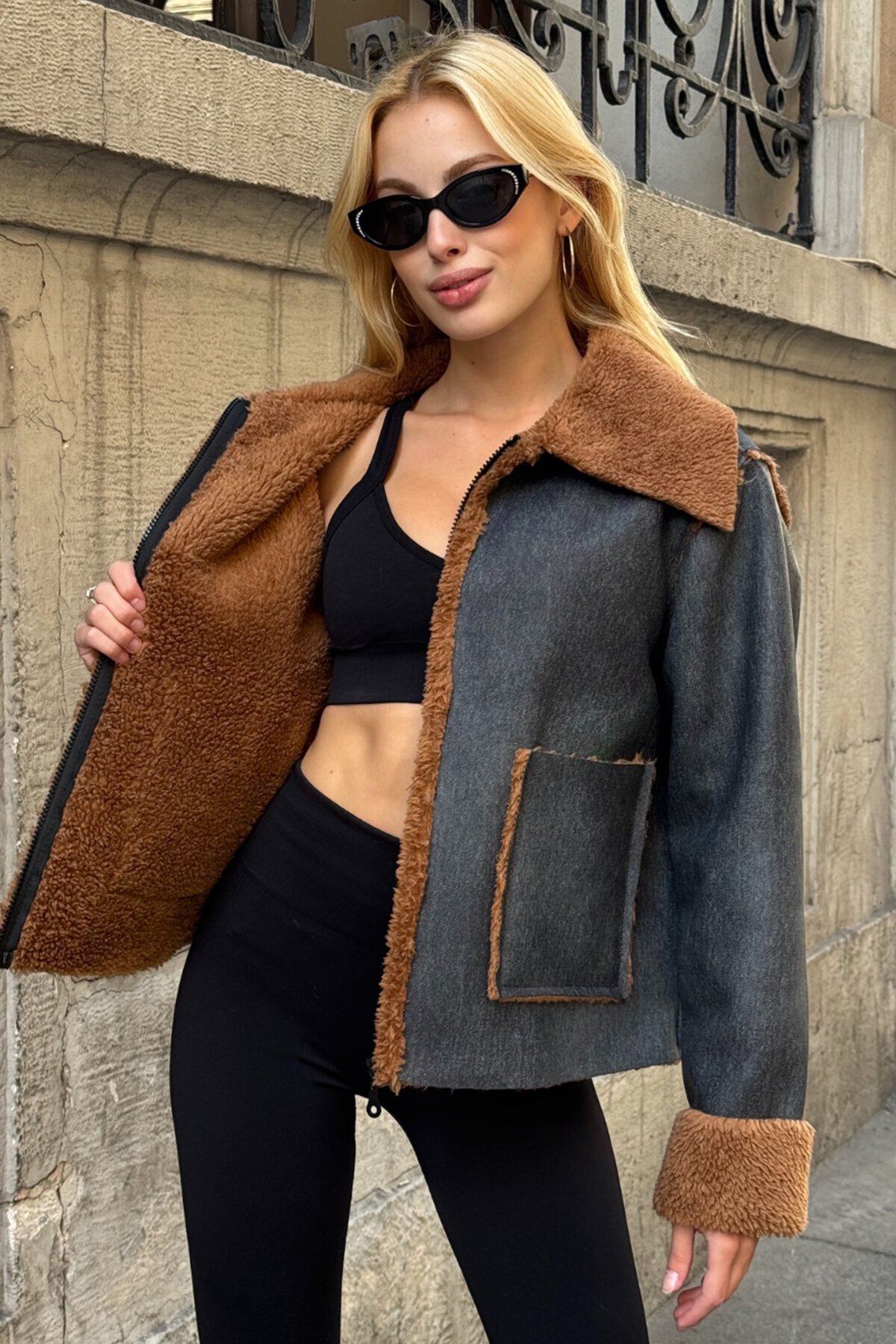 Siyah Kahve Çift Cepli İçi Suni Kürklü Suni Deri Biker Ceket