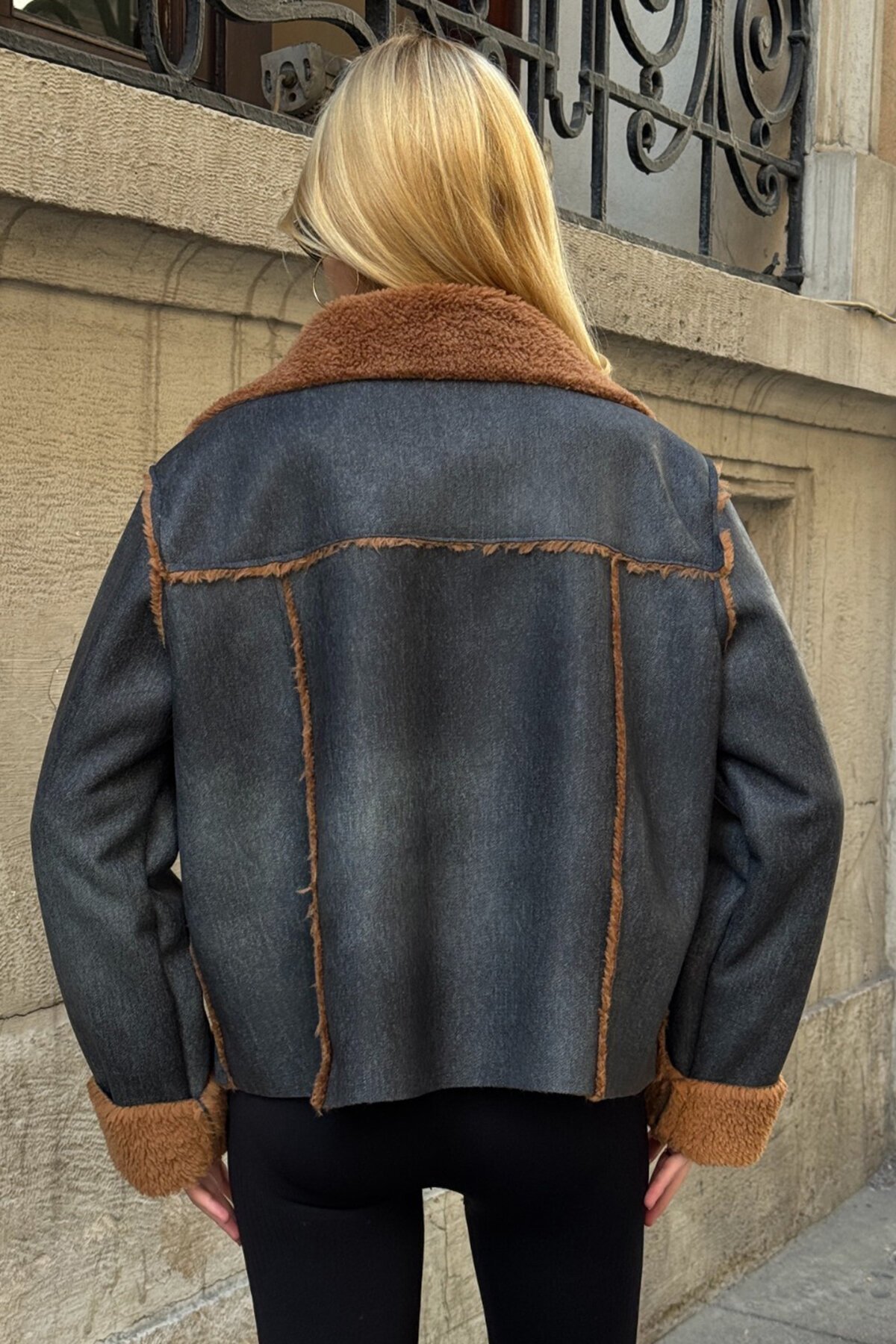 Siyah Kahve Çift Cepli İçi Suni Kürklü Suni Deri Biker Ceket