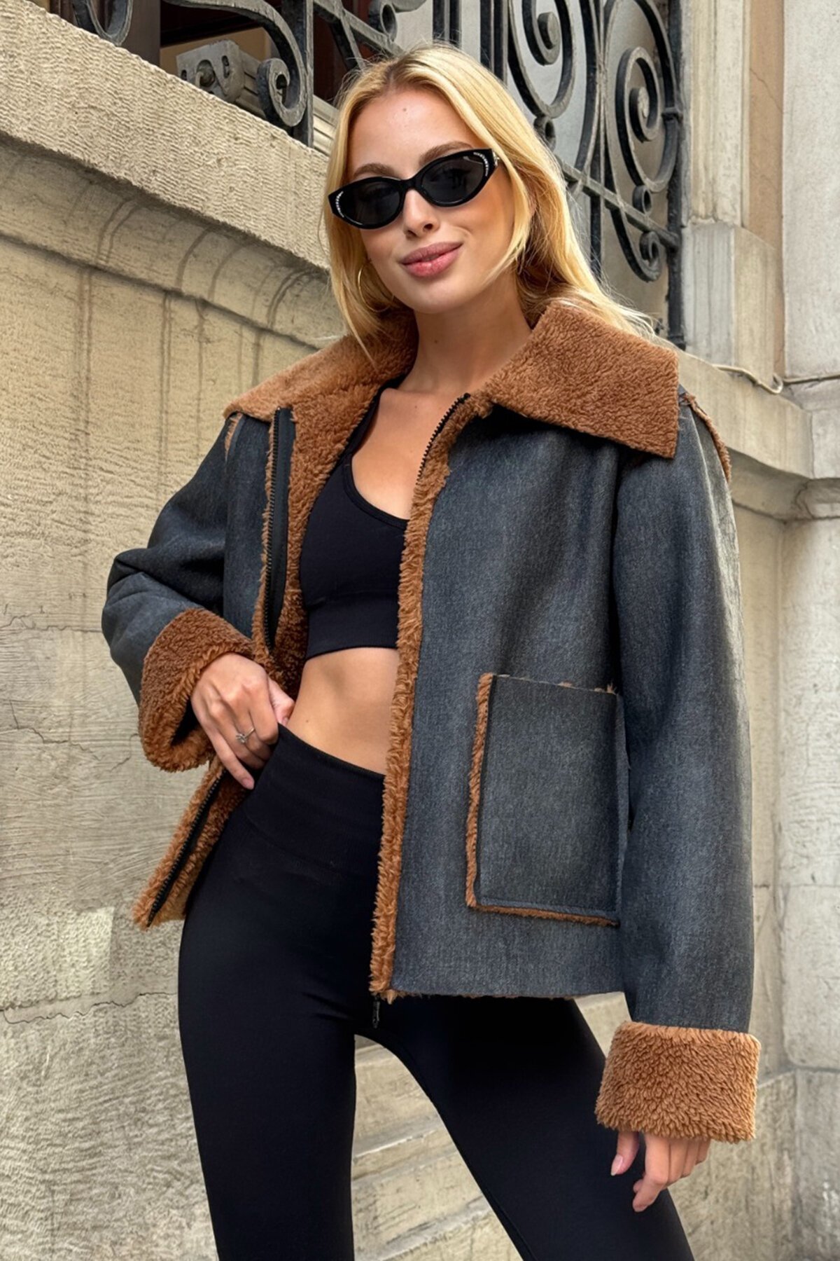 Siyah Kahve Çift Cepli İçi Suni Kürklü Suni Deri Biker Ceket