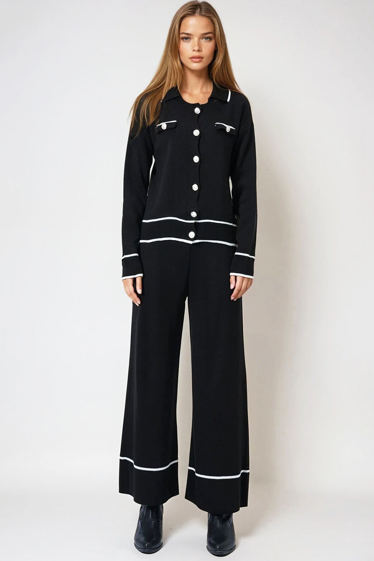 Siyah Kontrast Biyeli Polo Yaka Triko Hırka Ve Pantolon Takım