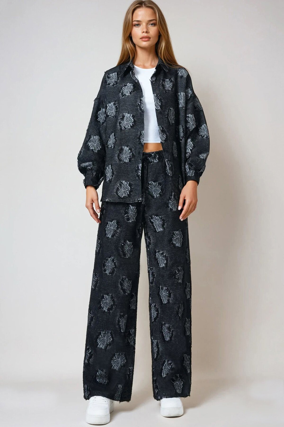 Püsküllü Oversize Gömlek Ve Beli Lastikli Pantolon Dokuma İkili Takım