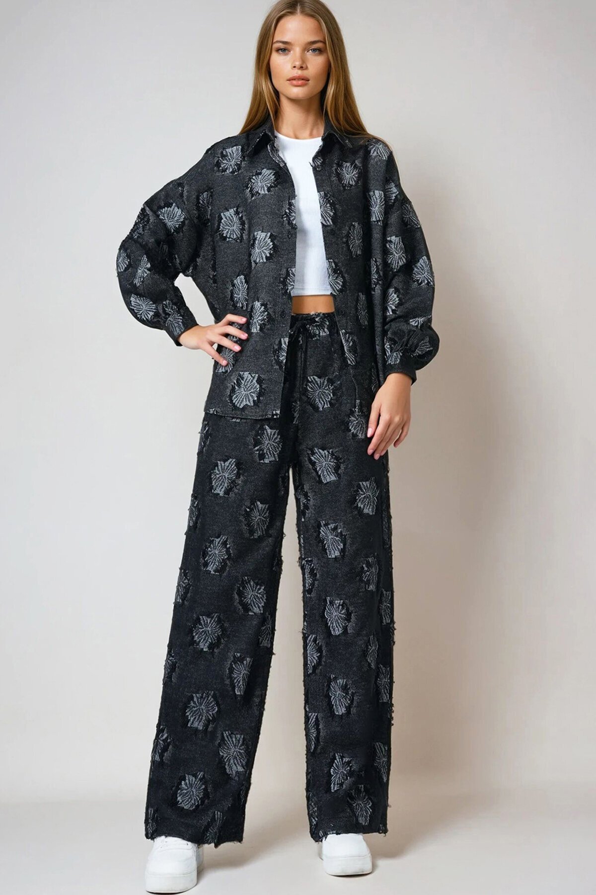 Püsküllü Oversize Gömlek Ve Beli Lastikli Pantolon Dokuma İkili Takım