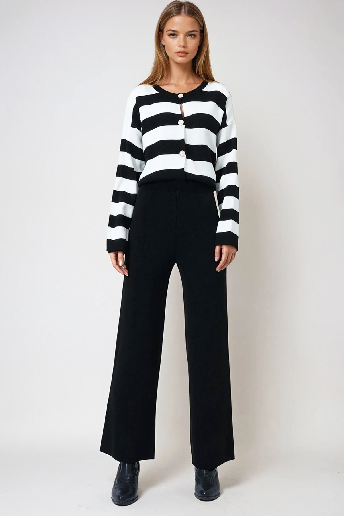 Siyah Yüksek Bel Beli Lastikli Triko Palazzo Pantolon