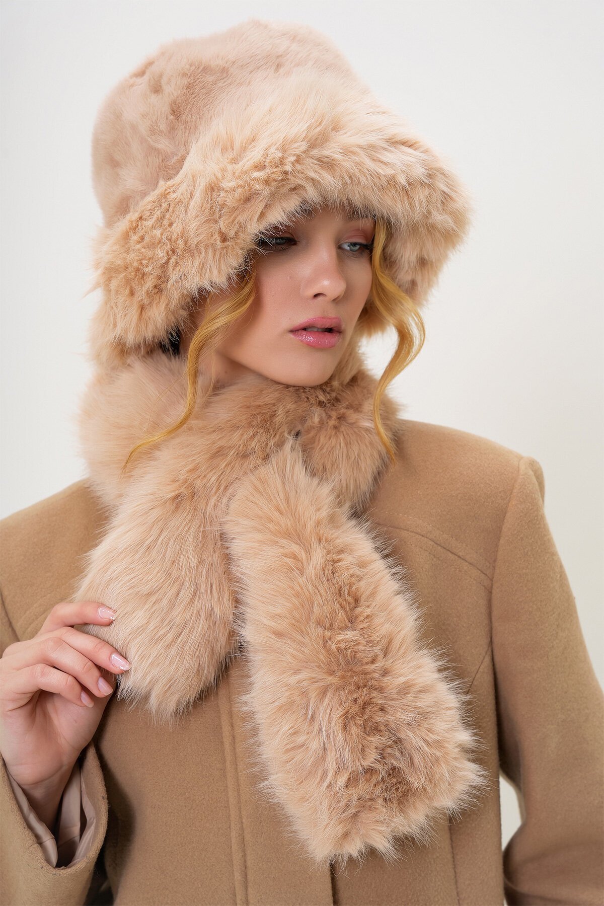 Camel Suni Kürk Bucket Şapka