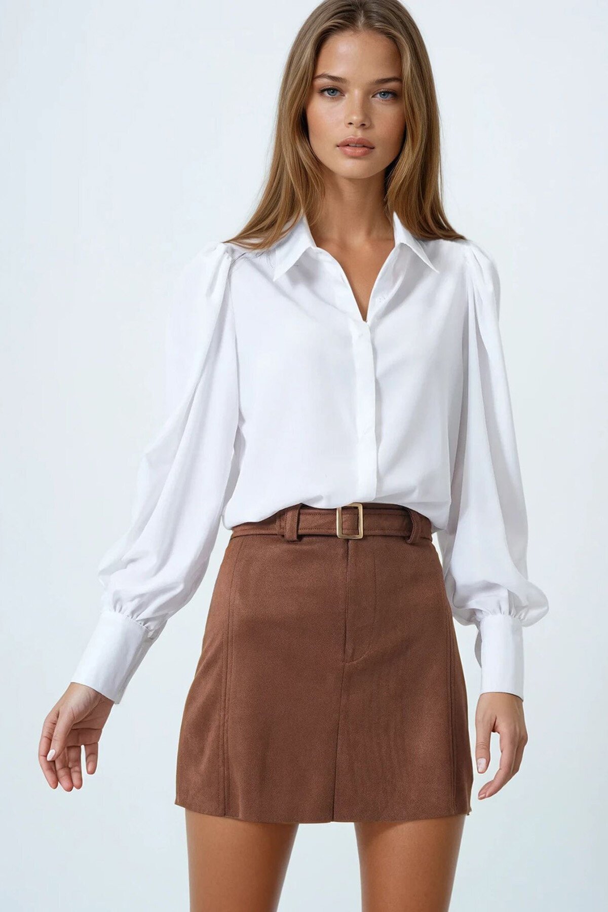 Taba Altın Tokalı Kemerli Süet Görünümlü Mini Etek