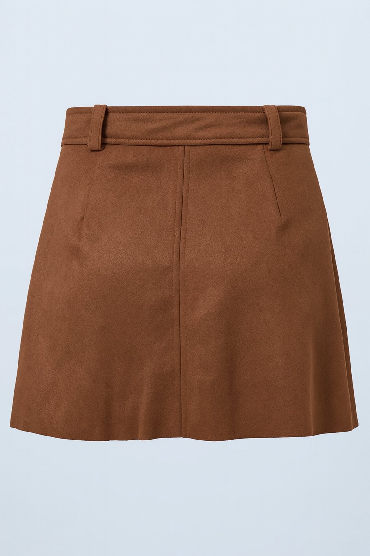 Taba Altın Tokalı Kemerli Süet Görünümlü Mini Etek