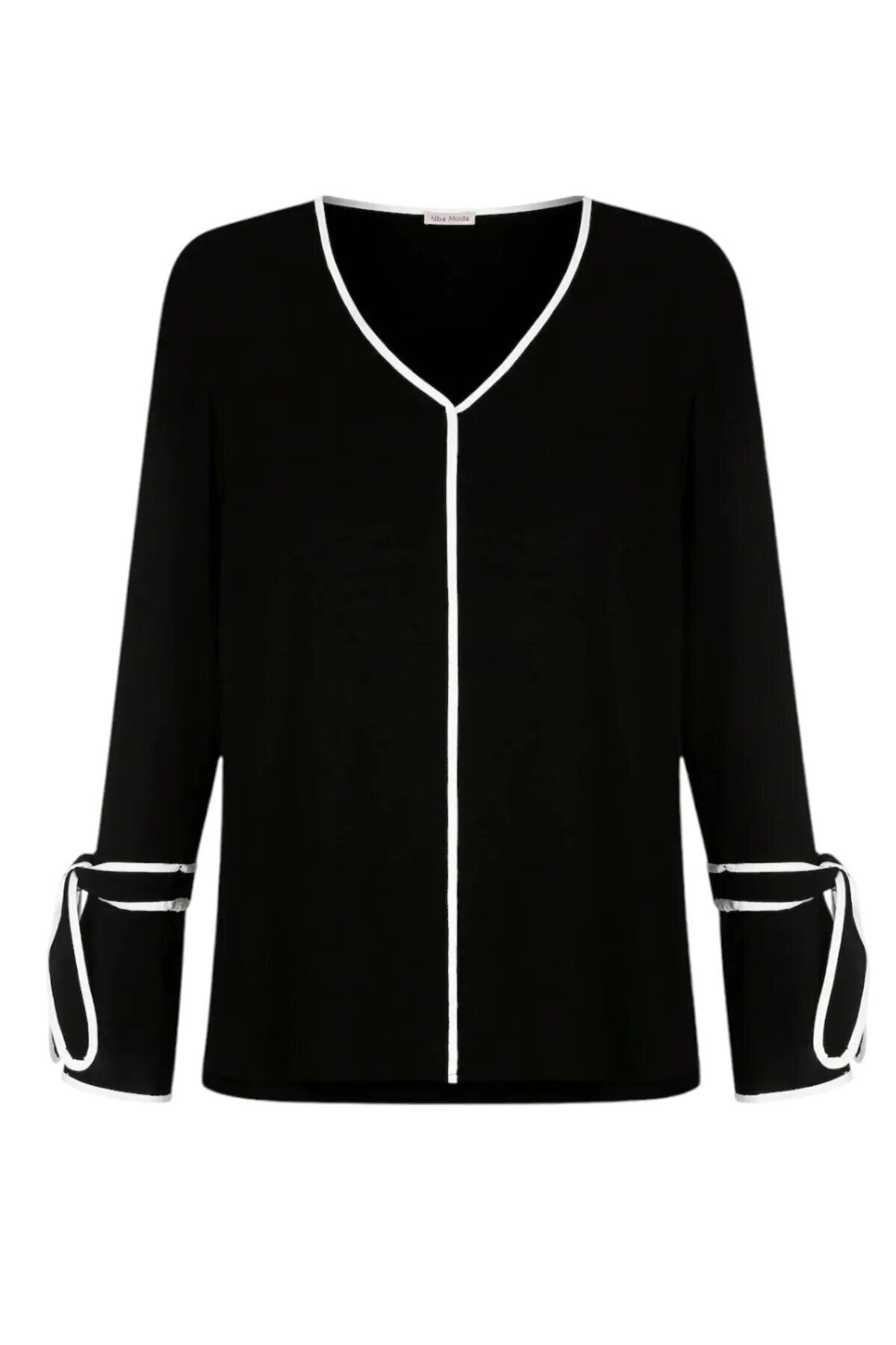 Siyah V Yaka Biyeli Kol Ucu Fiyonk Detaylı Bluz