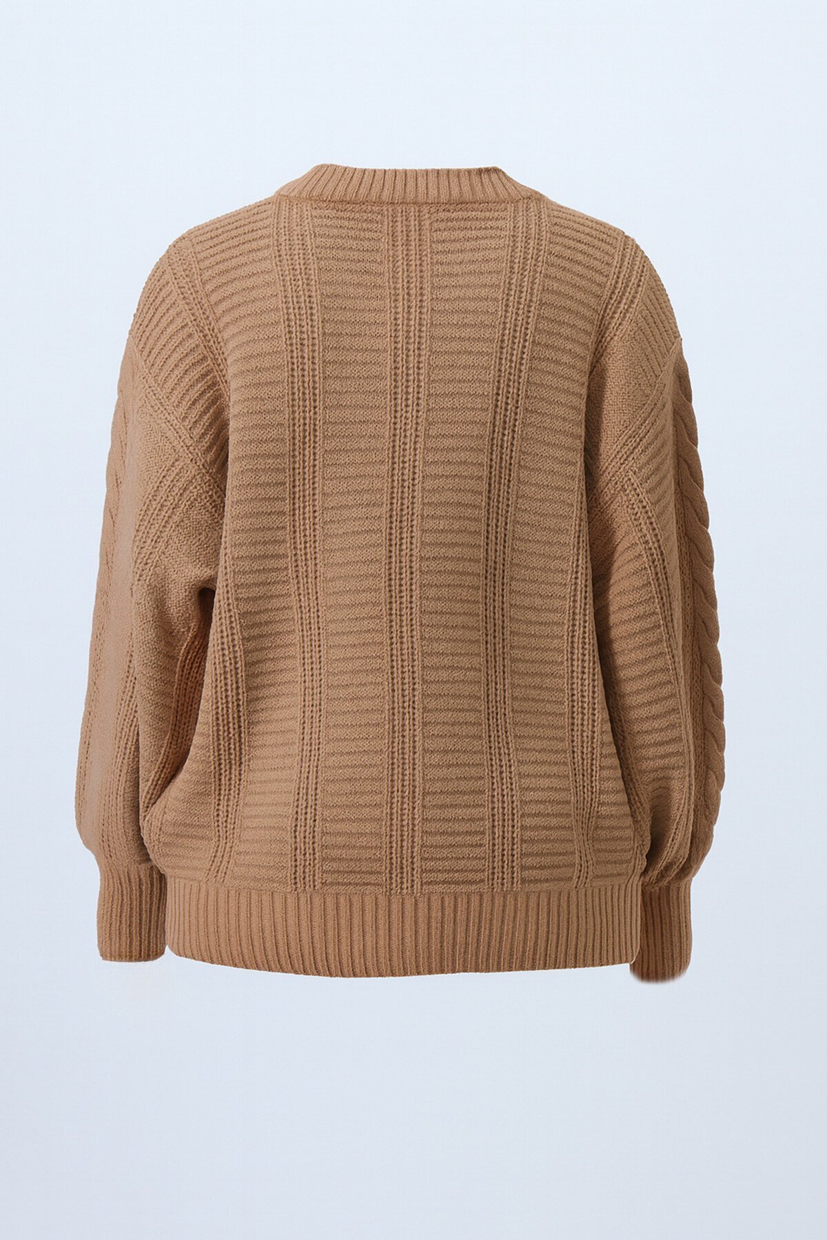 V Yaka Saç Örgü Desenli Balon Kol Triko Hırka