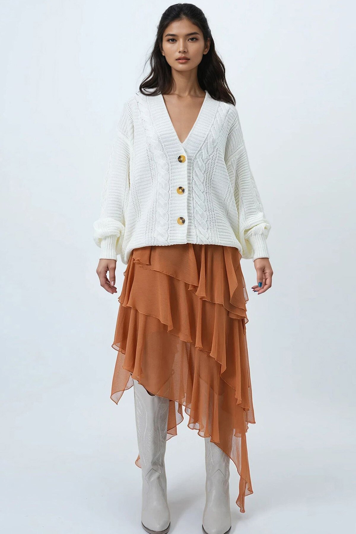 V Yaka Saç Örgü Desenli Balon Kol Triko Hırka