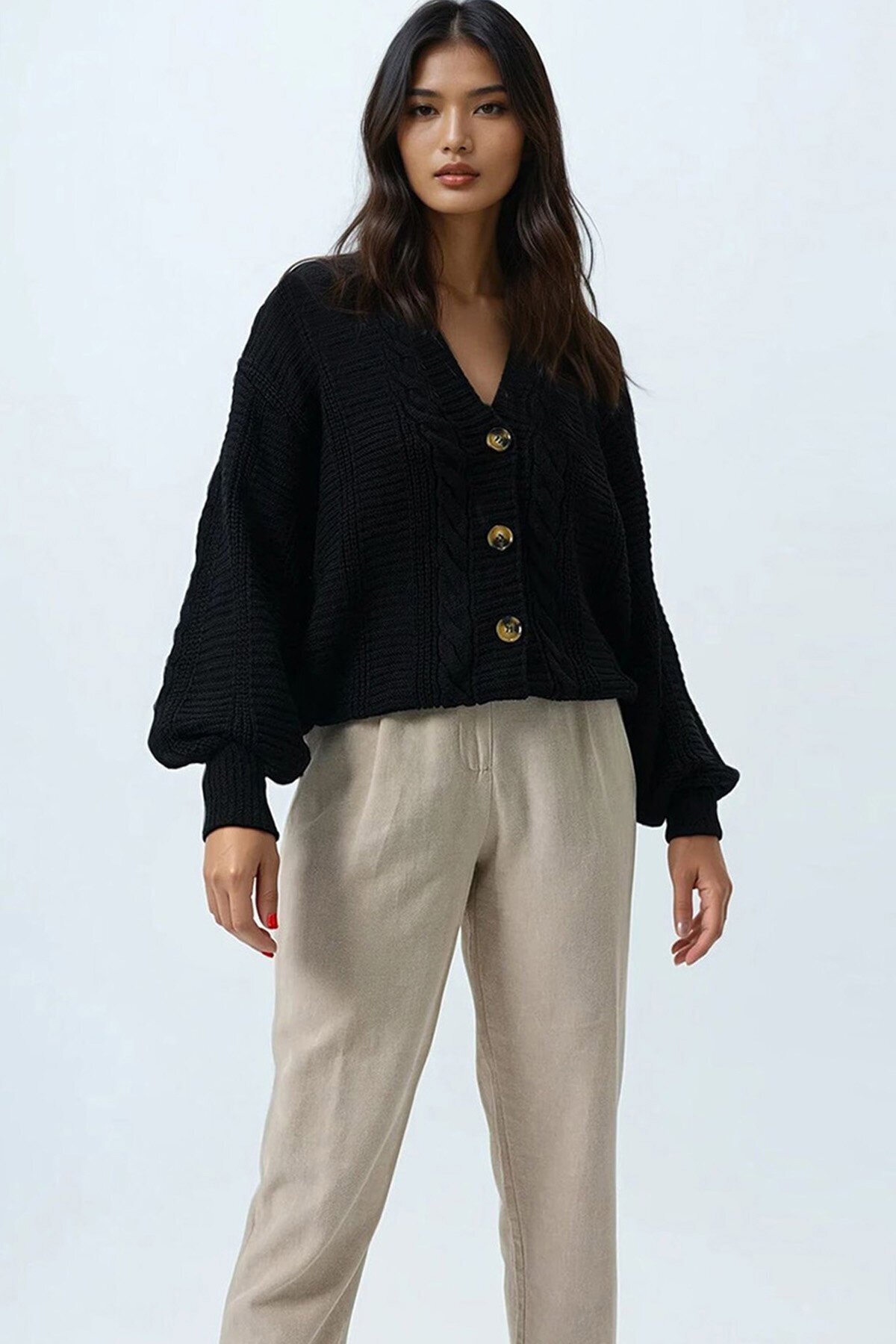 V Yaka Saç Örgü Desenli Balon Kol Triko Hırka