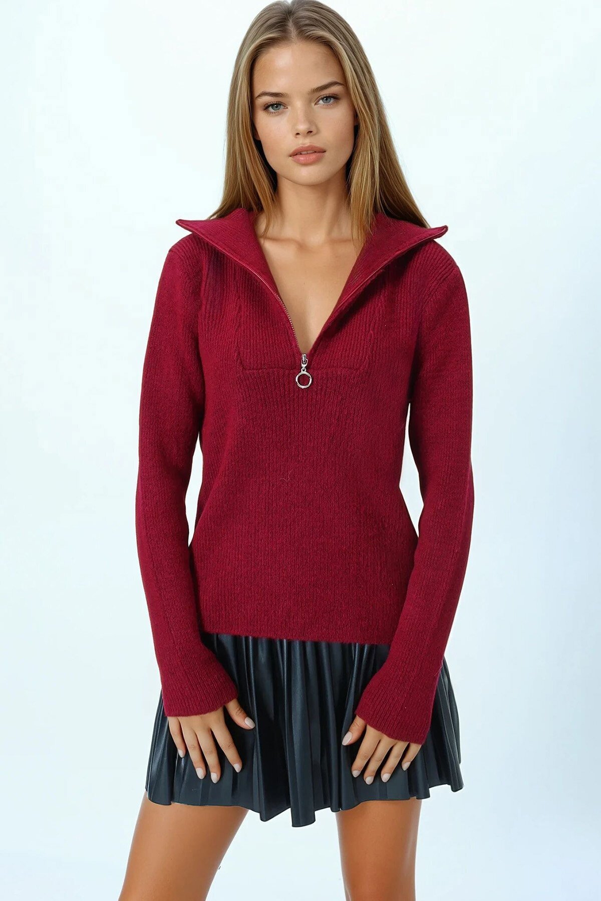 Yarım Fermuarlı Dik Yaka Triko Bluz