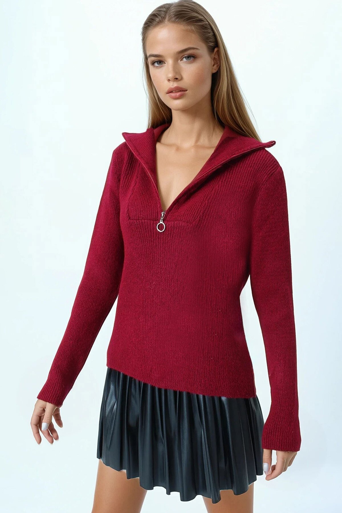 Yarım Fermuarlı Dik Yaka Triko Bluz