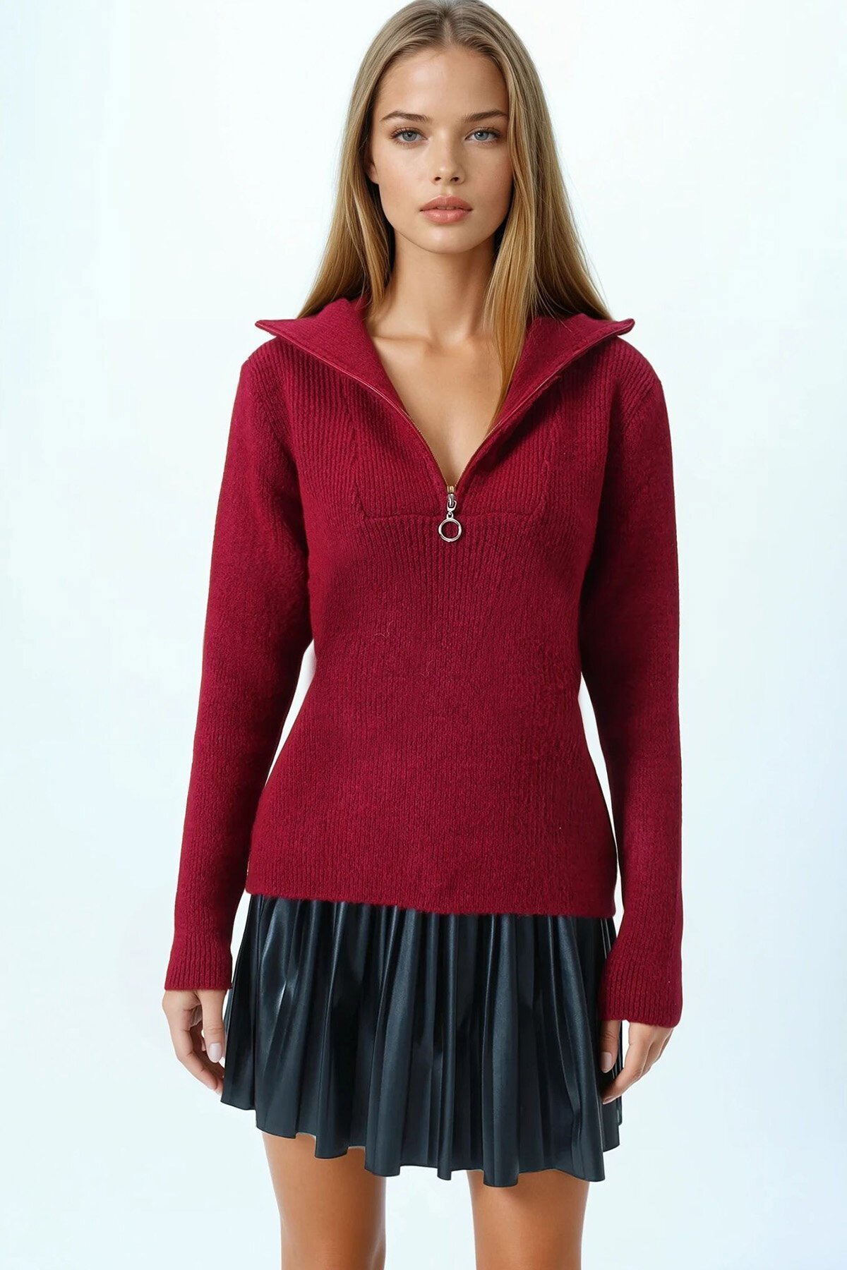 Yarım Fermuarlı Dik Yaka Triko Bluz