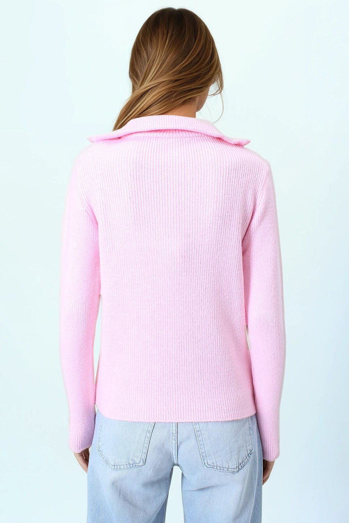 Yarım Fermuarlı Dik Yaka Triko Bluz