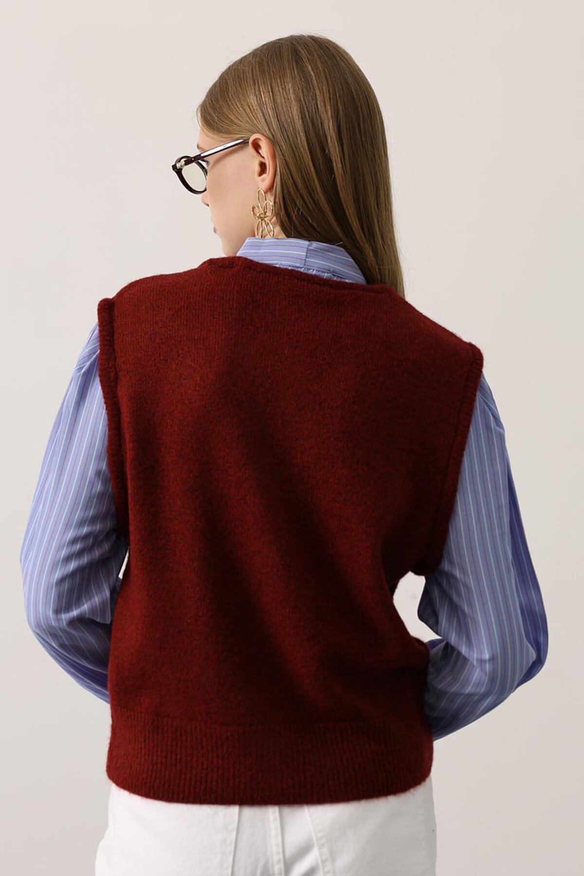 Yelek Detaylı Çizgili Bağlamalı Gömlek