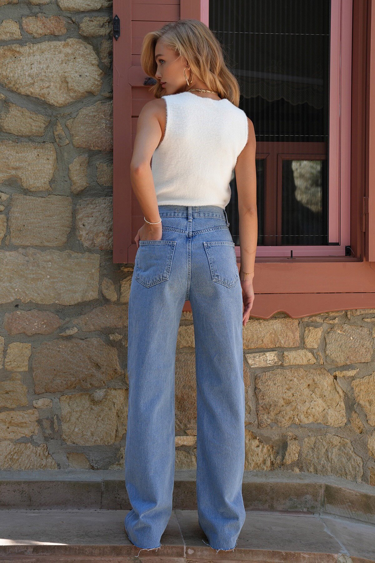 Yüksek Bel 5 Cepli Paça Dikişsiz Wide Leg Jean Pantolon