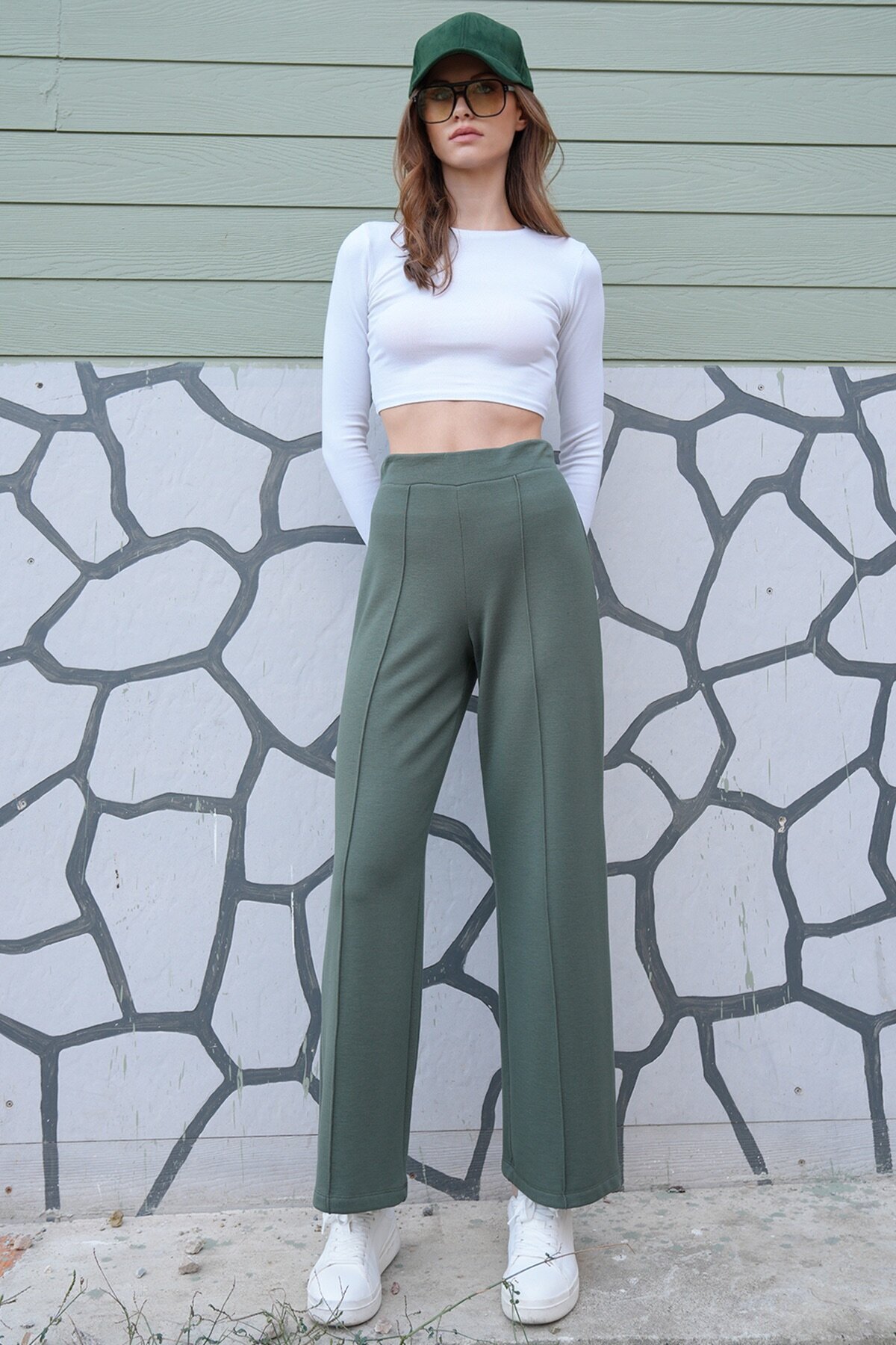 Yüksek Bel Beli Lastikli Çımalı Palazzo Pantolon