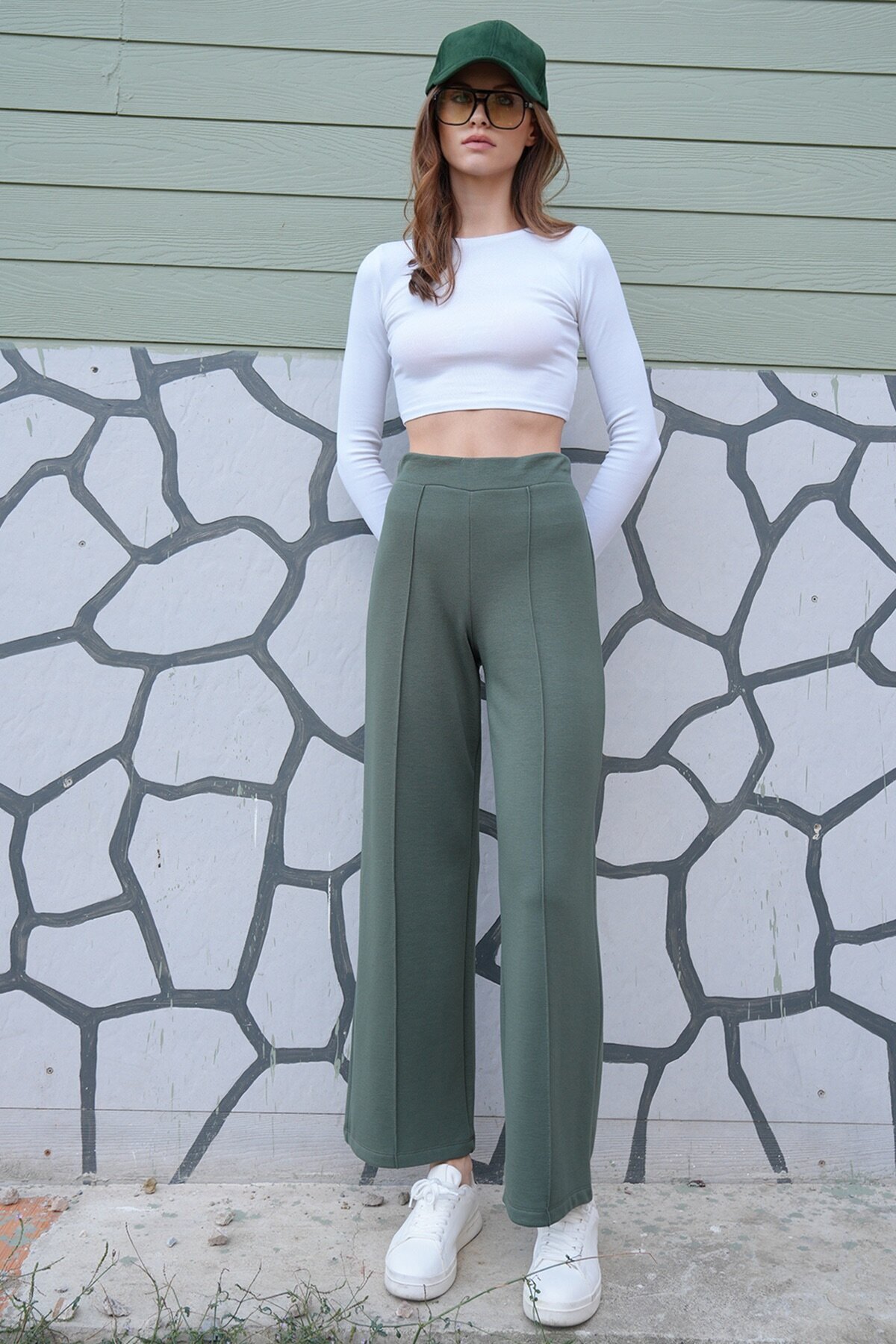 Yüksek Bel Beli Lastikli Çımalı Palazzo Pantolon