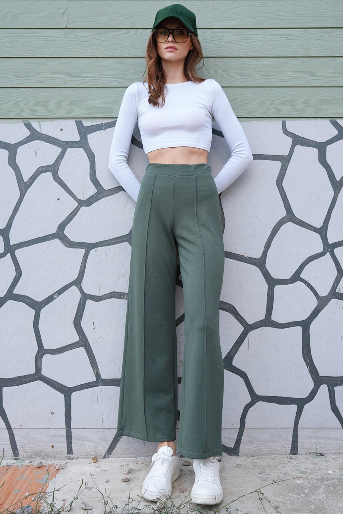 Yüksek Bel Beli Lastikli Çımalı Palazzo Pantolon