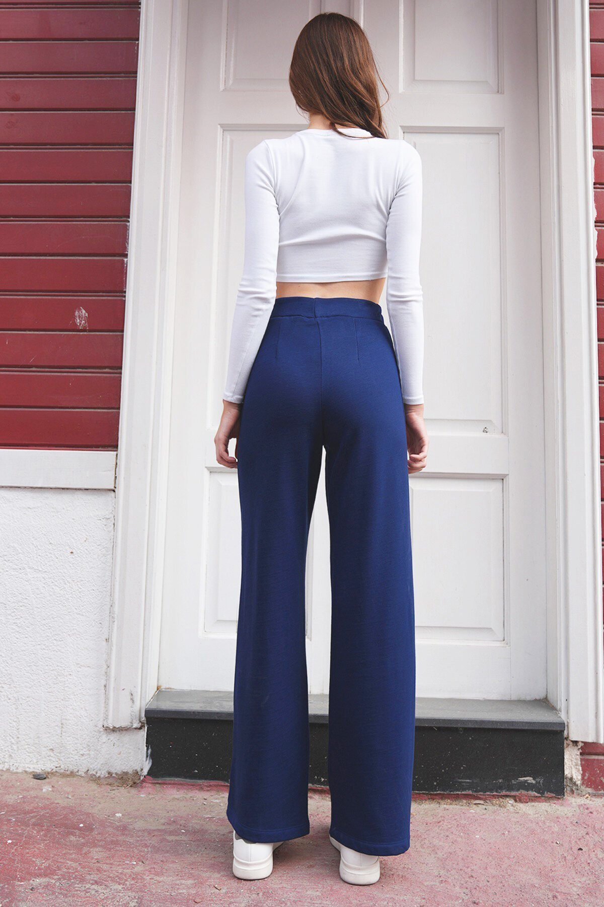 Yüksek Bel Beli Lastikli Çımalı Palazzo Pantolon