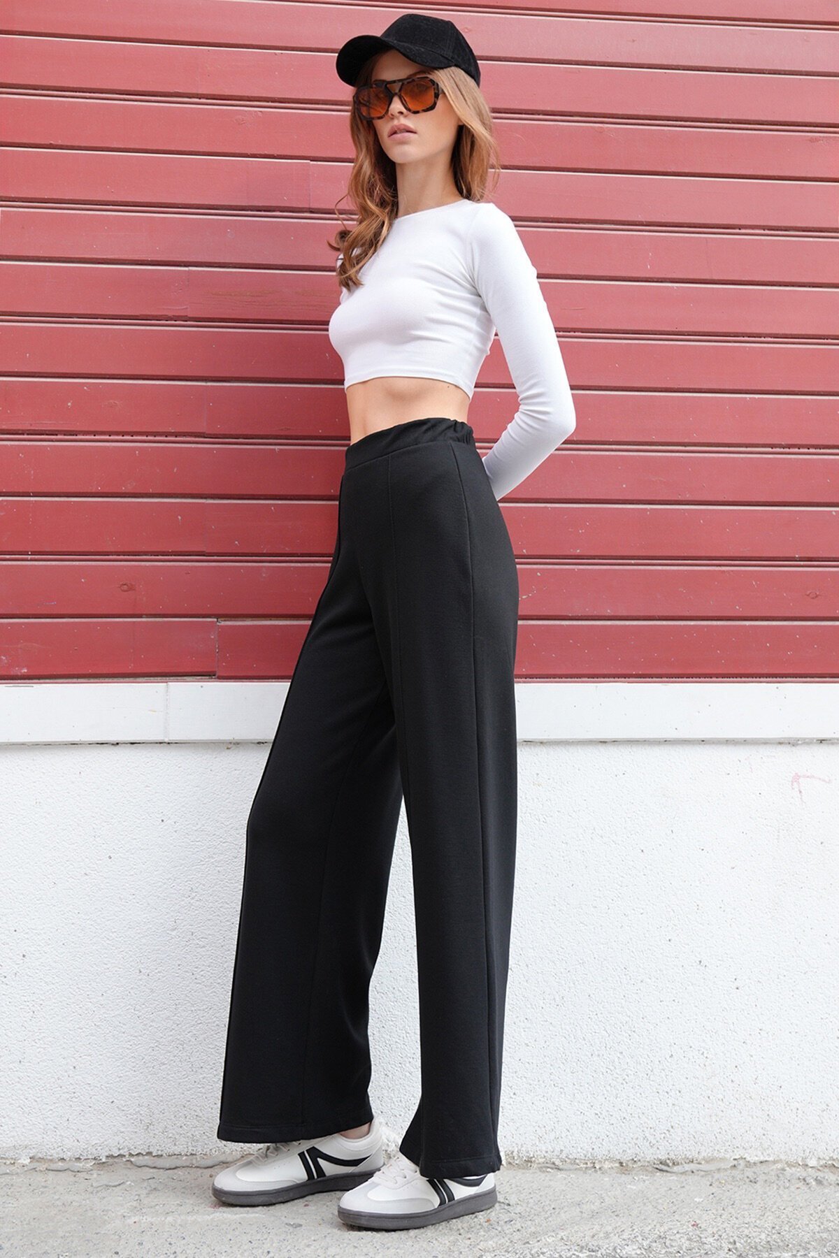 Yüksek Bel Beli Lastikli Çımalı Palazzo Pantolon