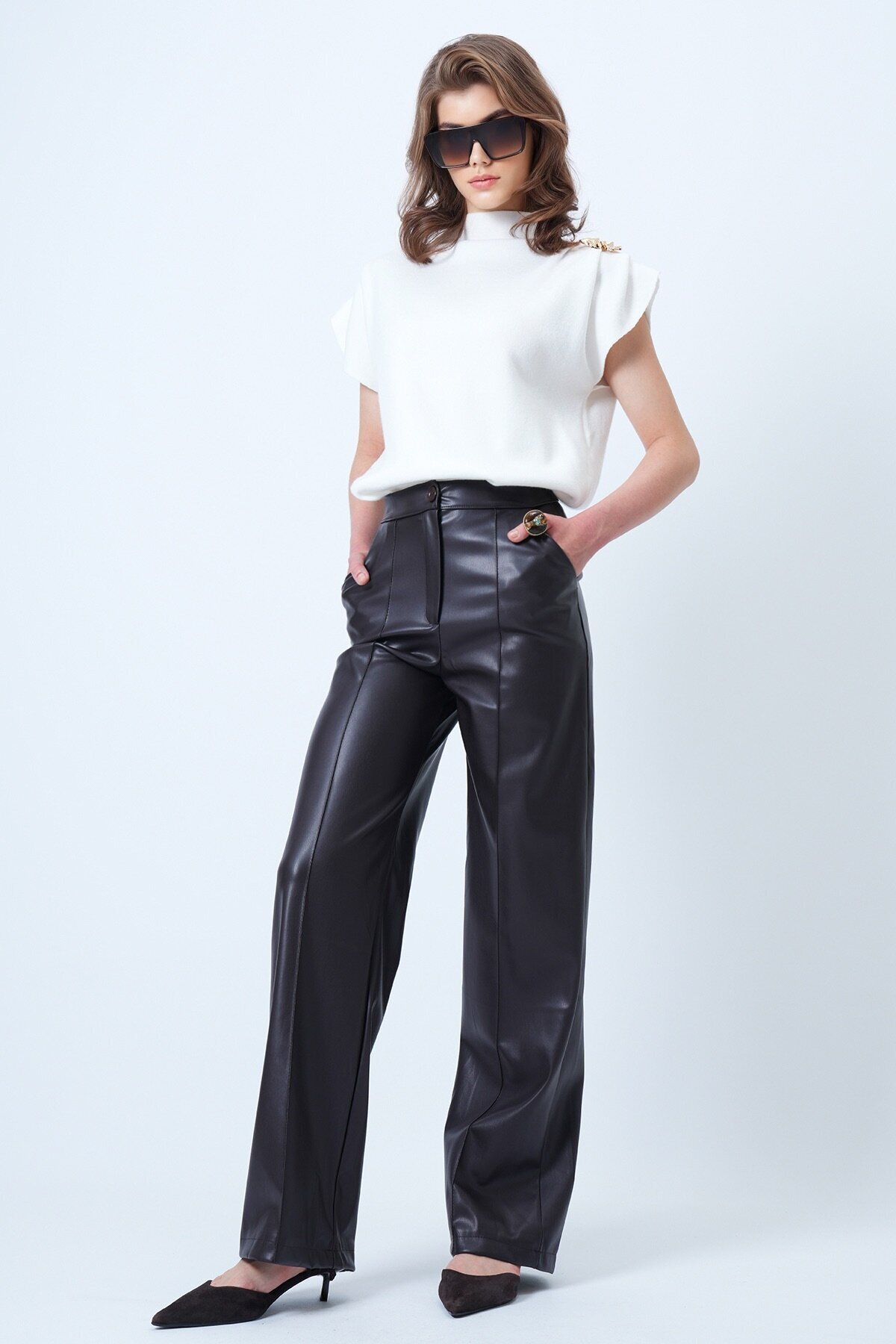 Yüksek Bel Nervür Dikişli Deri Palazzo Pantolon