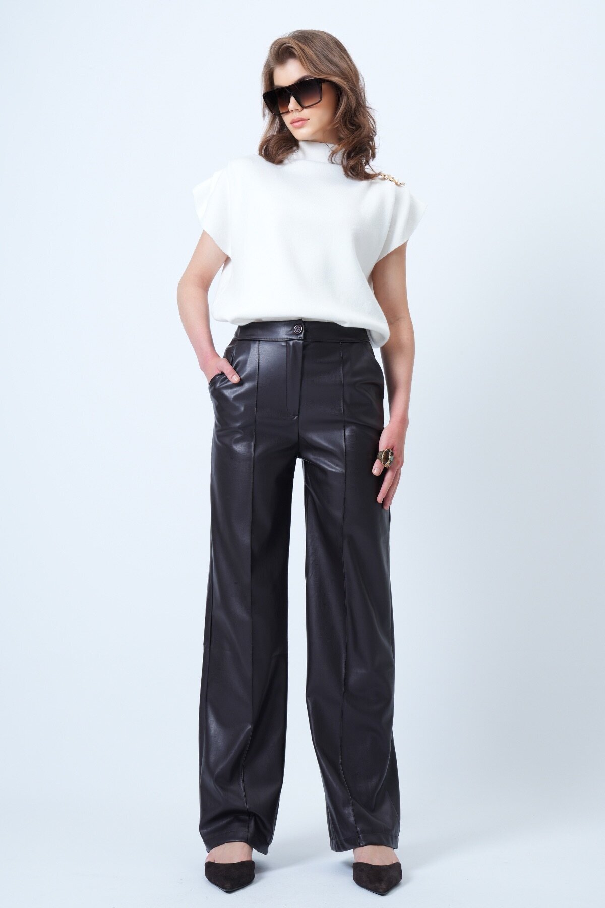 Yüksek Bel Nervür Dikişli Deri Palazzo Pantolon