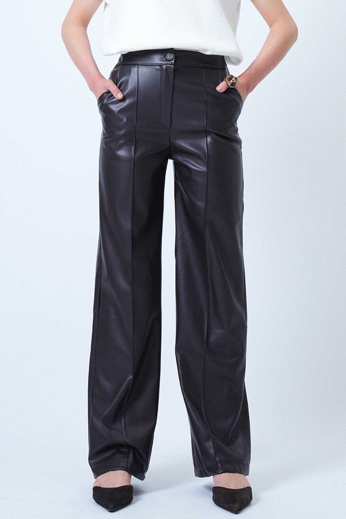Yüksek Bel Nervür Dikişli Deri Palazzo Pantolon