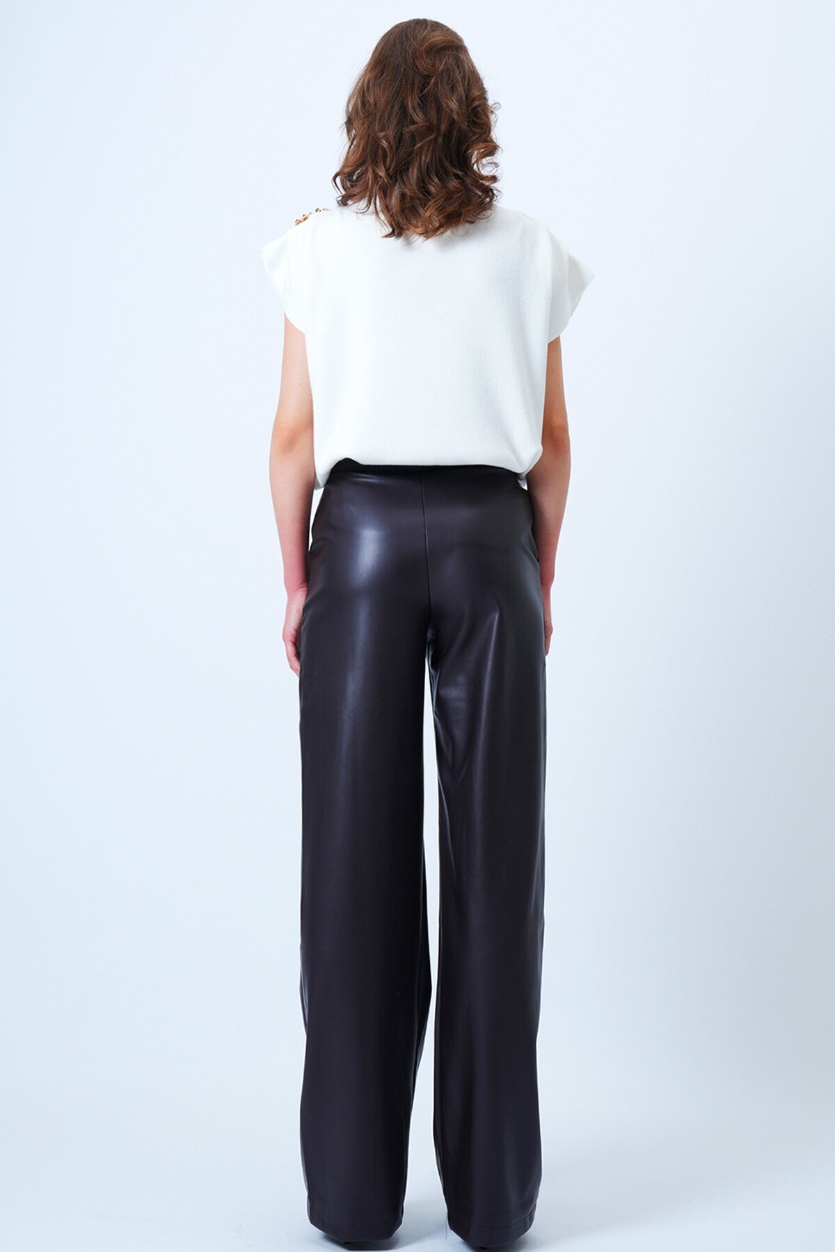 Yüksek Bel Nervür Dikişli Deri Palazzo Pantolon