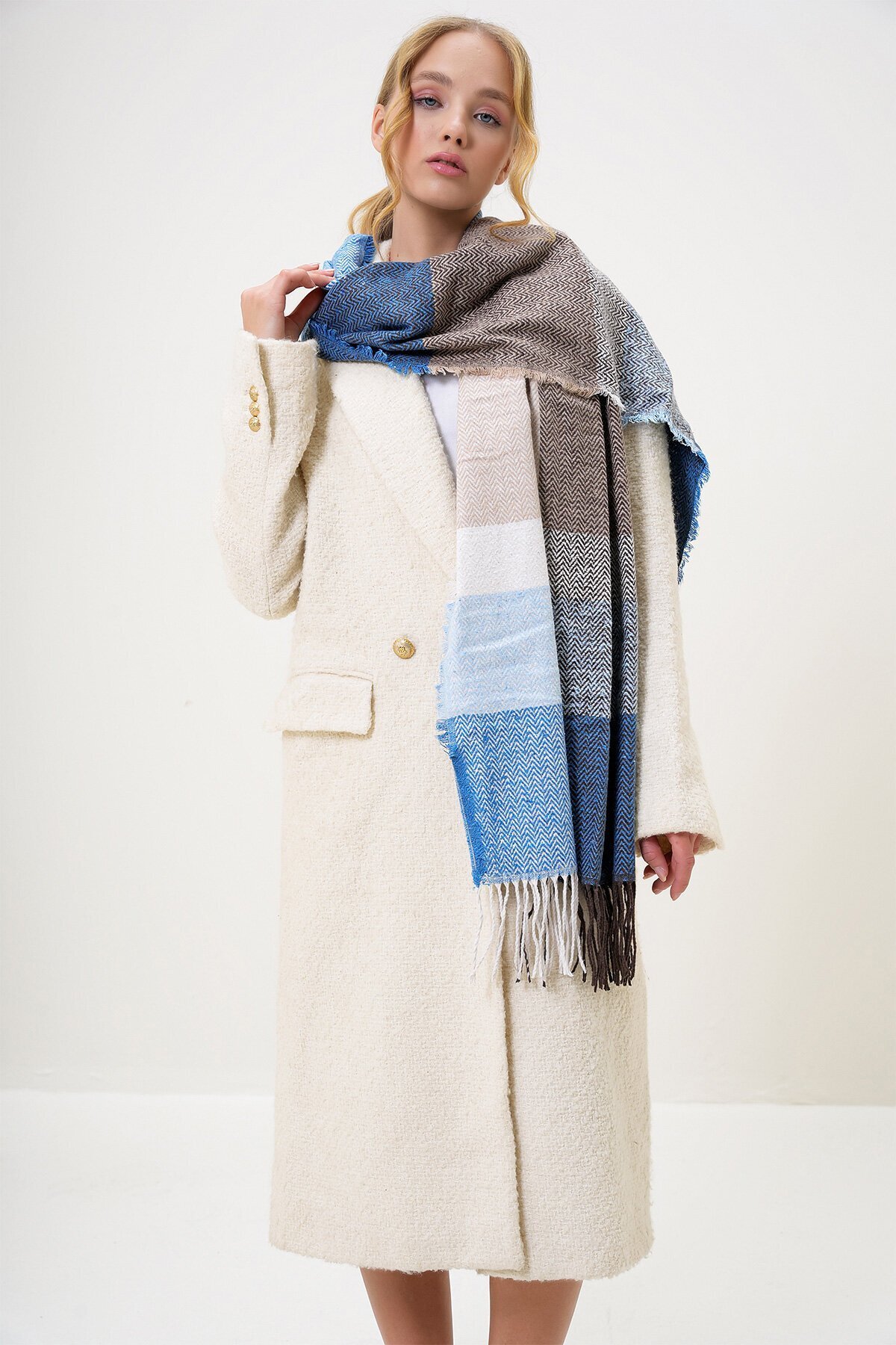 Kahve-Mavi Yün Karışımlı Renk Bloklu Şal