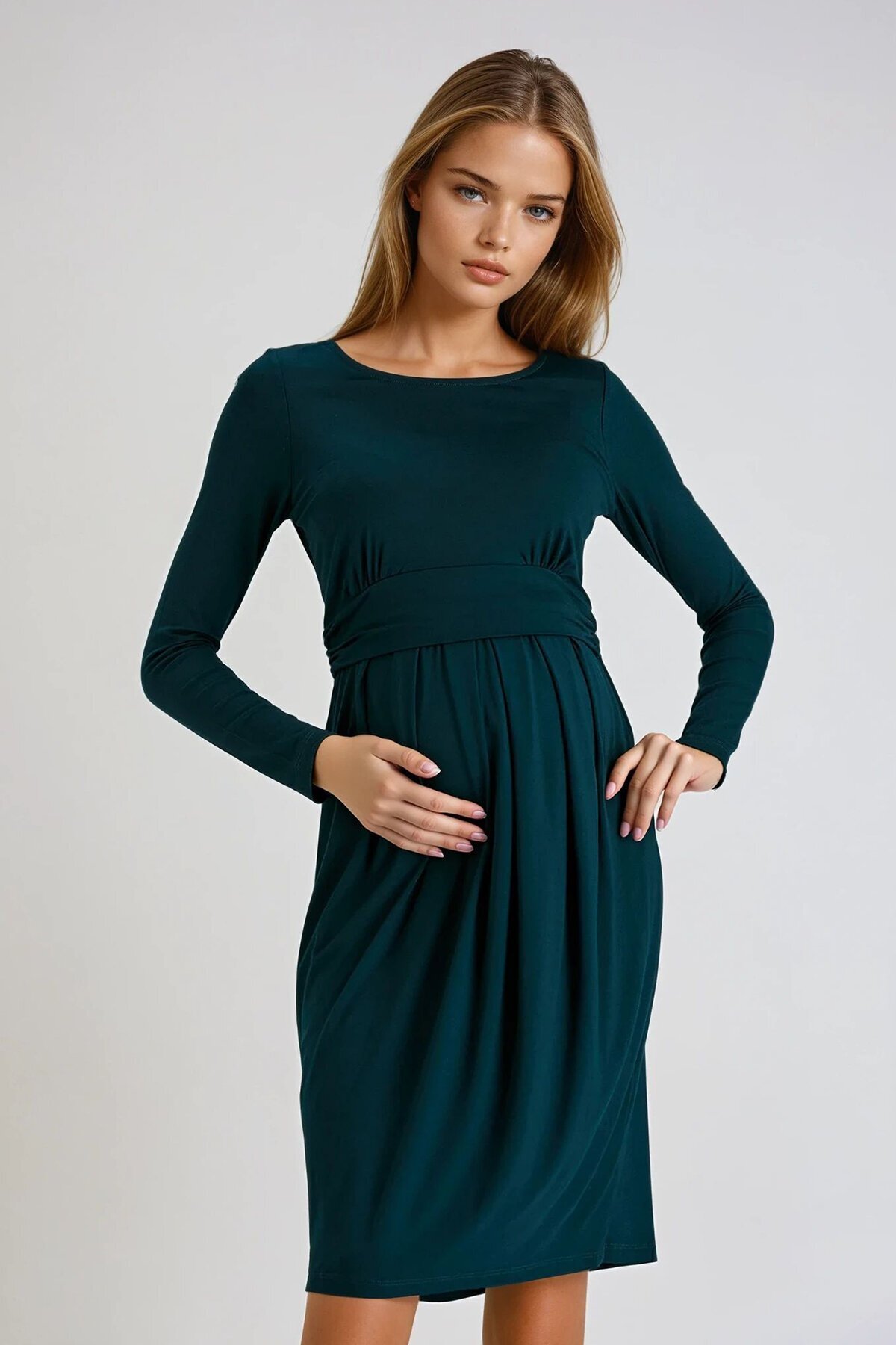 Zümrüt Yeşili Yuvarlak Yaka Çeyrek Kol Beli Büzgülü Pileli  Elbise