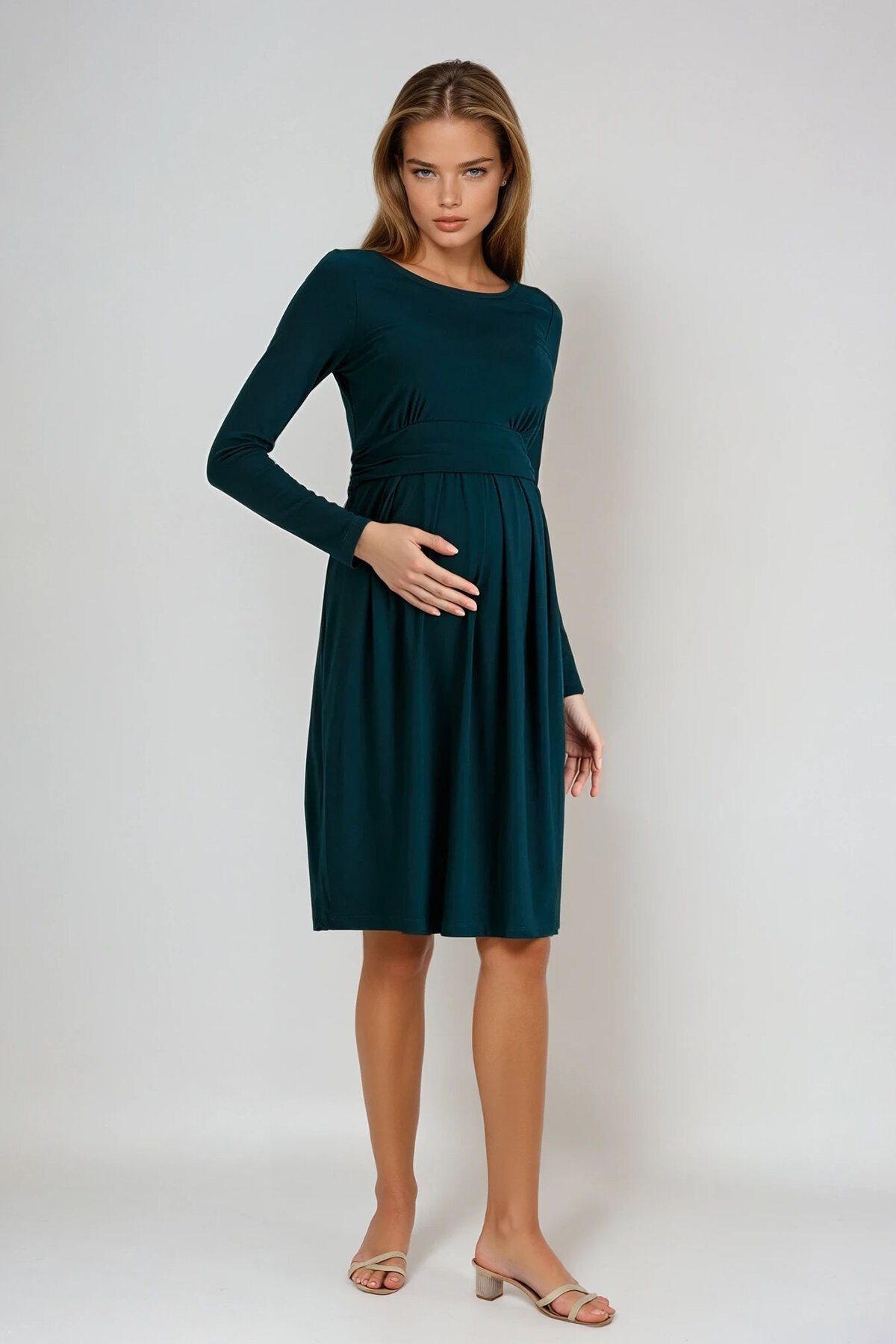 Zümrüt Yeşili Yuvarlak Yaka Çeyrek Kol Beli Büzgülü Pileli  Elbise