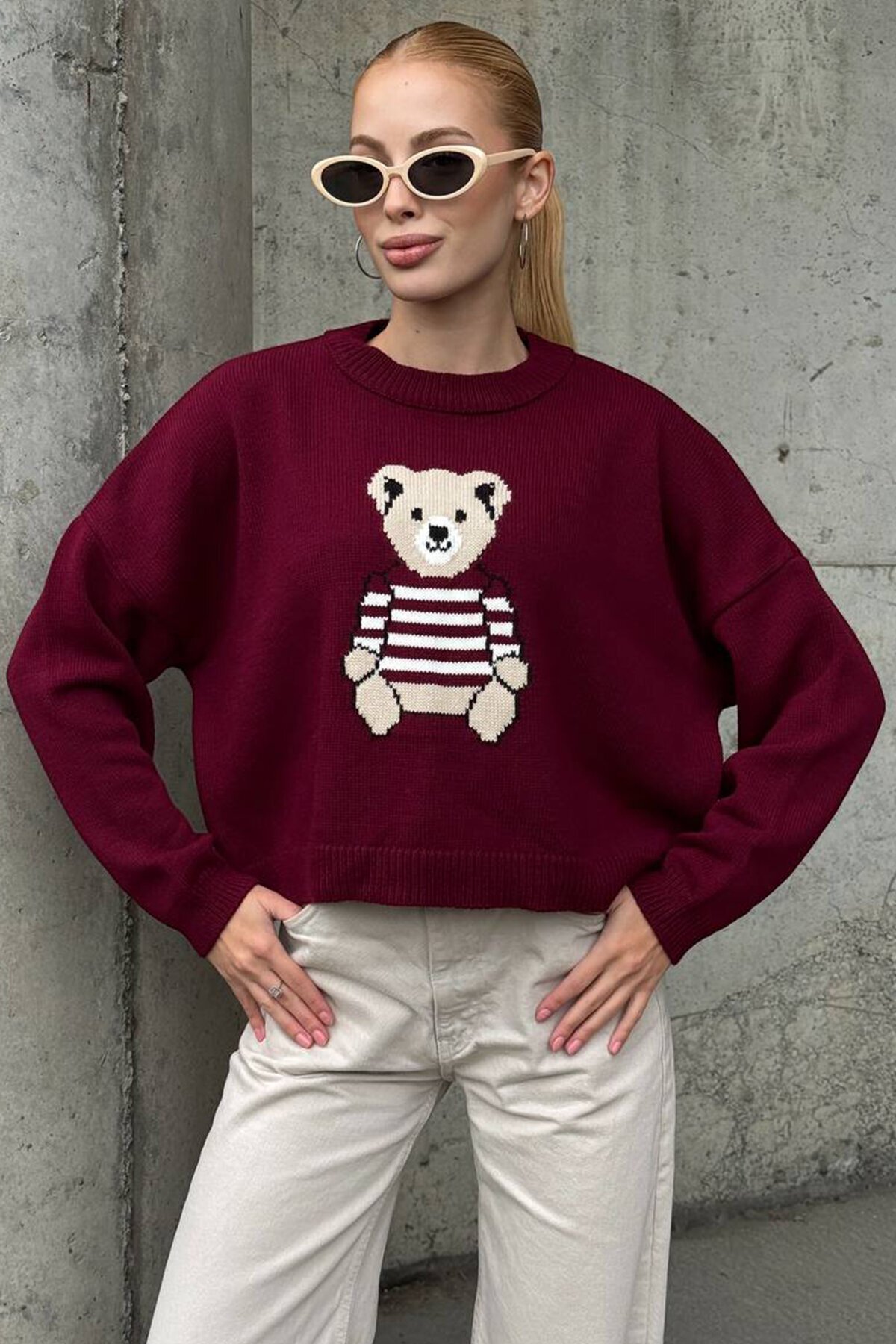 Ayıcık Baskılı Bisiklet Yaka Oversize Triko Kazak