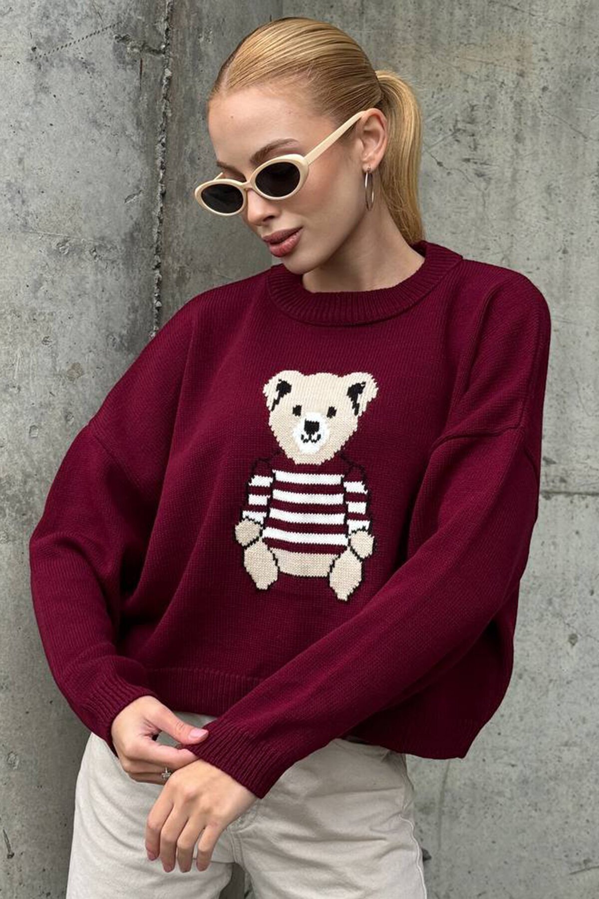 Ayıcık Baskılı Bisiklet Yaka Oversize Triko Kazak