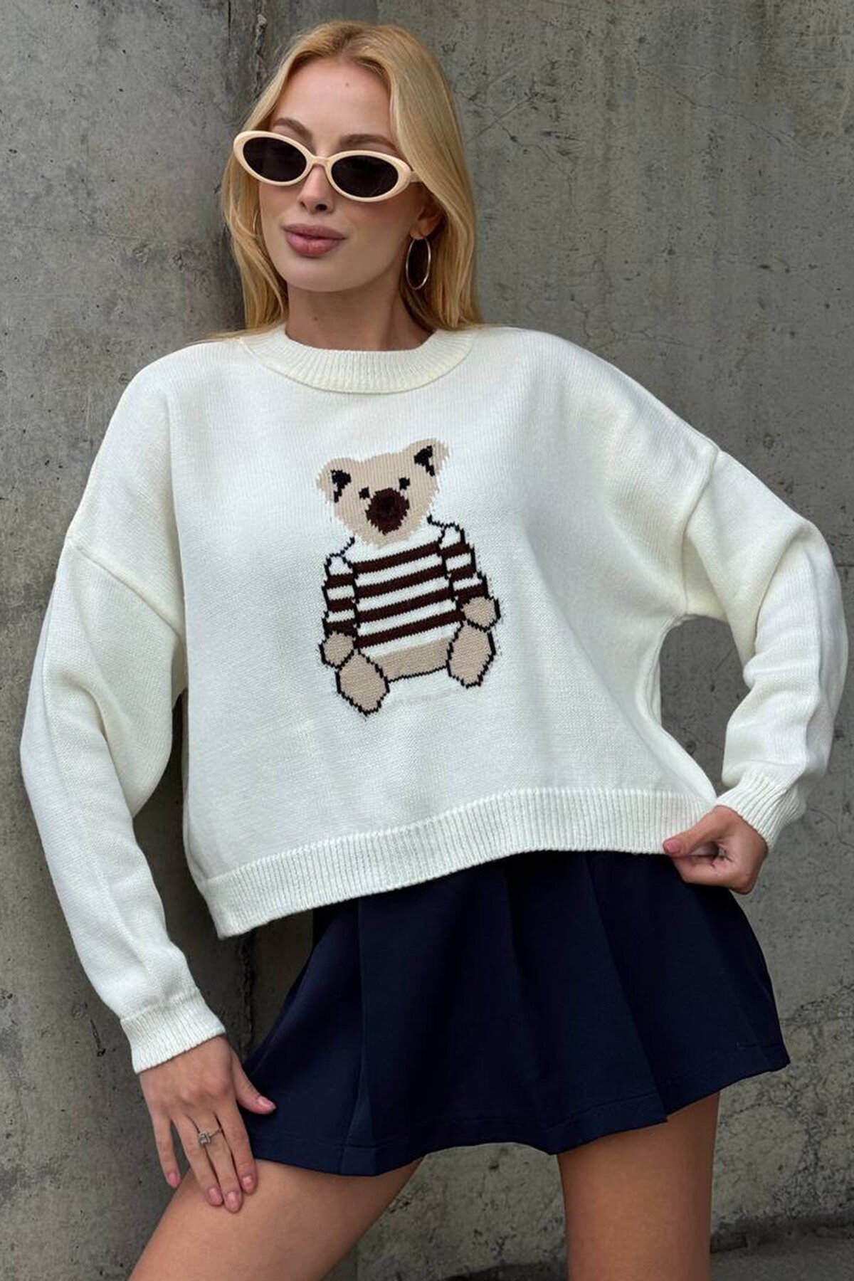 Ayıcık Baskılı Bisiklet Yaka Oversize Triko Kazak