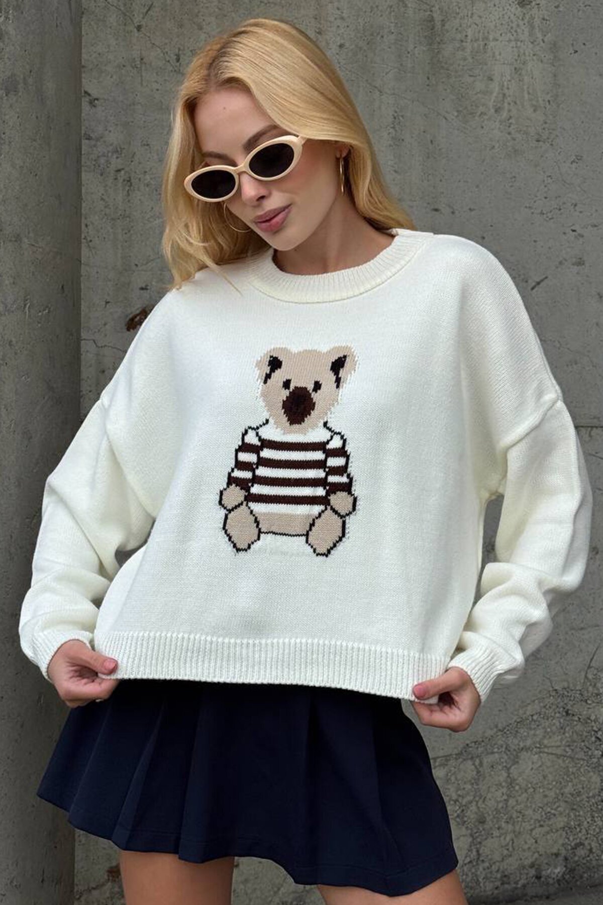 Ayıcık Baskılı Bisiklet Yaka Oversize Triko Kazak