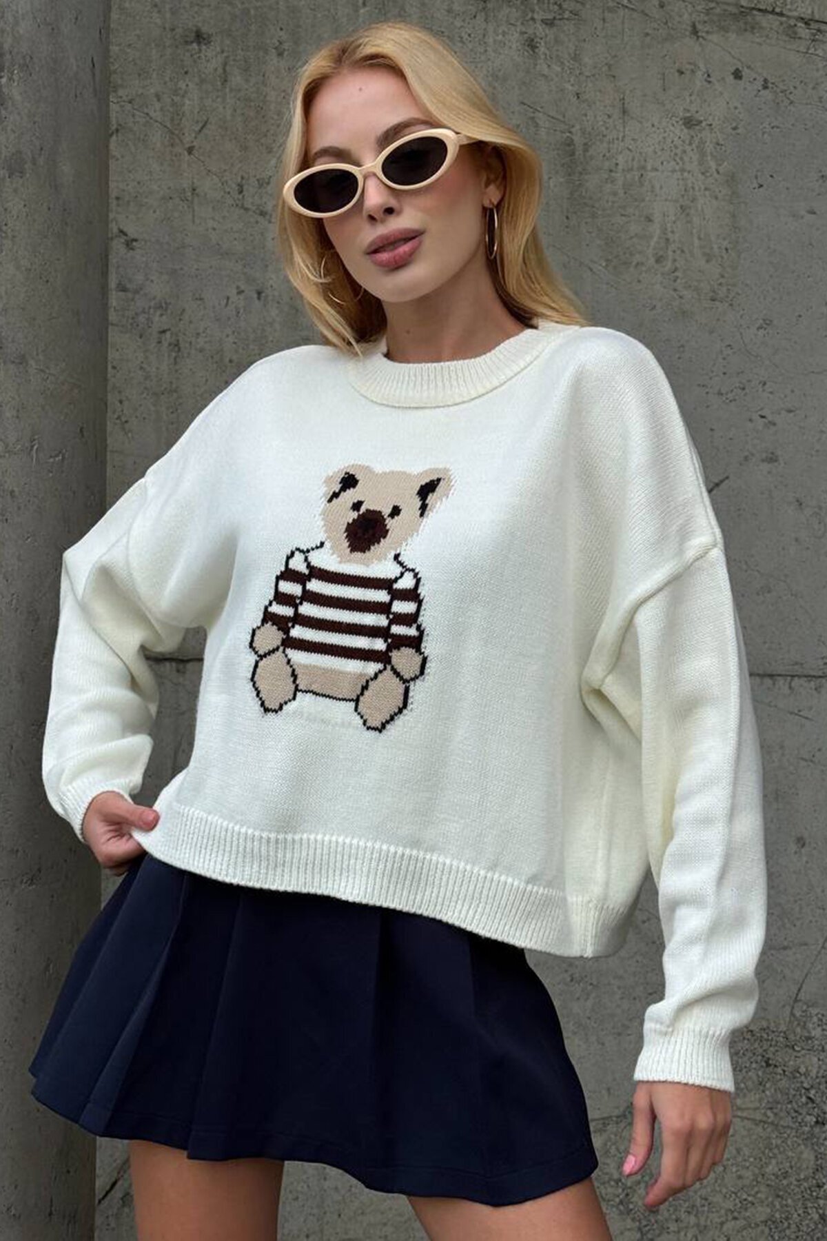 Ayıcık Baskılı Bisiklet Yaka Oversize Triko Kazak