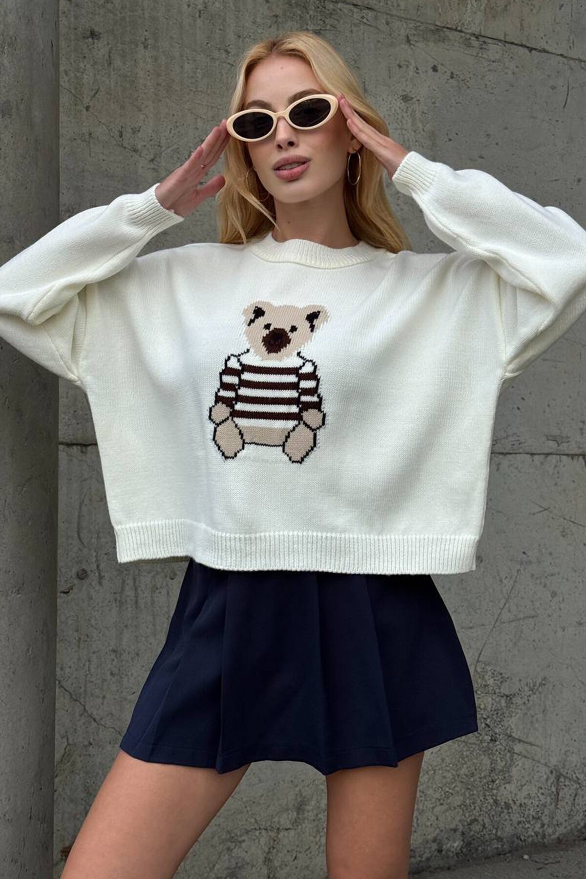 Ayıcık Baskılı Bisiklet Yaka Oversize Triko Kazak